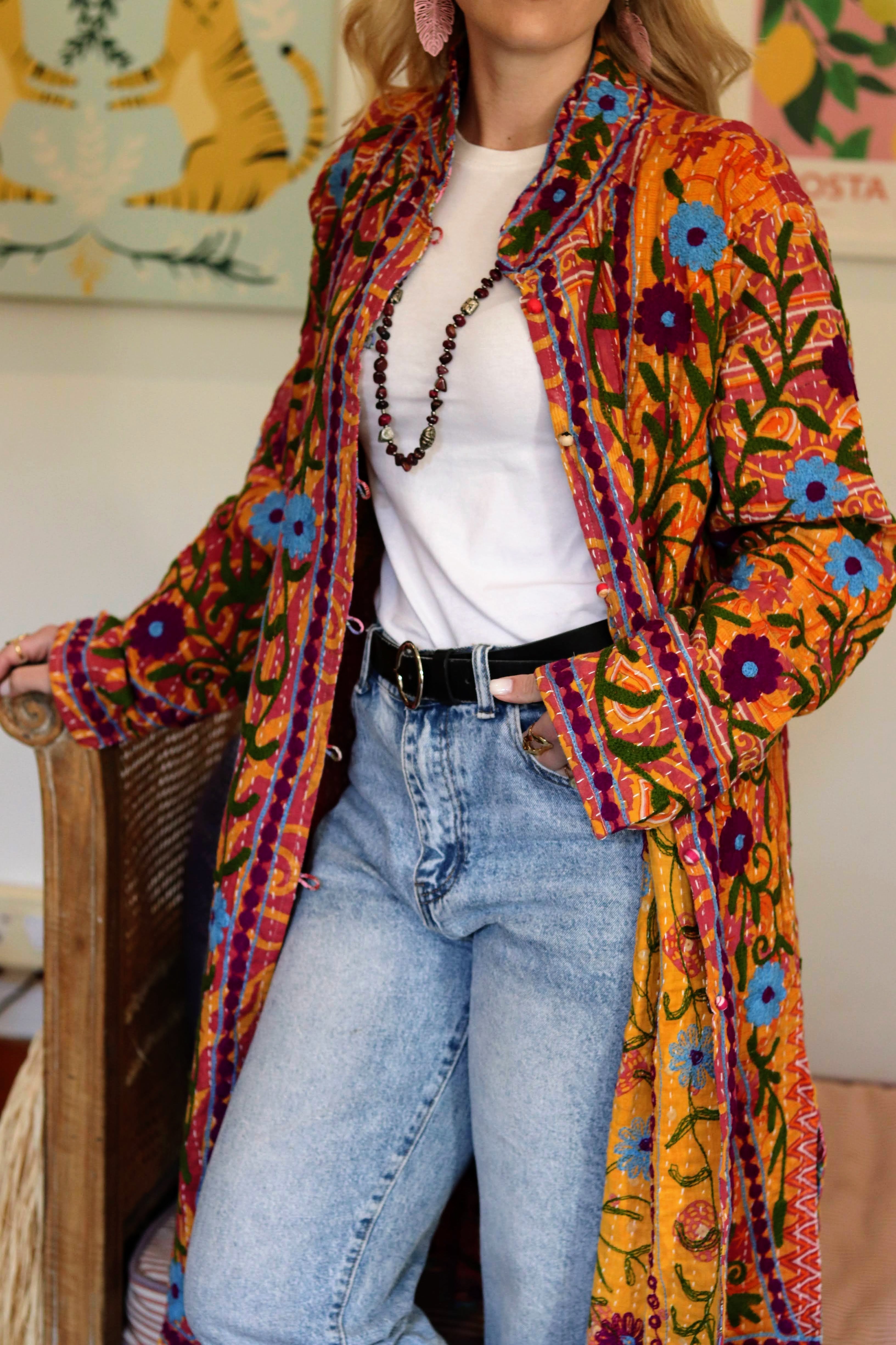 Embroidered Kantha Jacket In Orange Garden