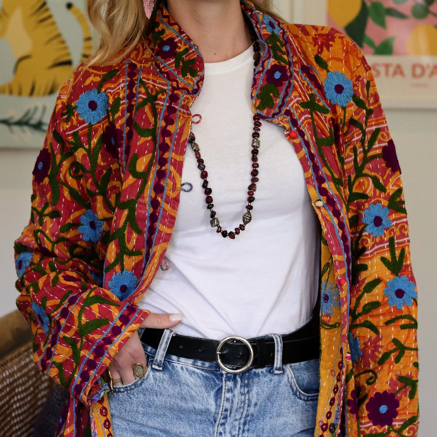 Embroidered Kantha Jacket In Orange Garden