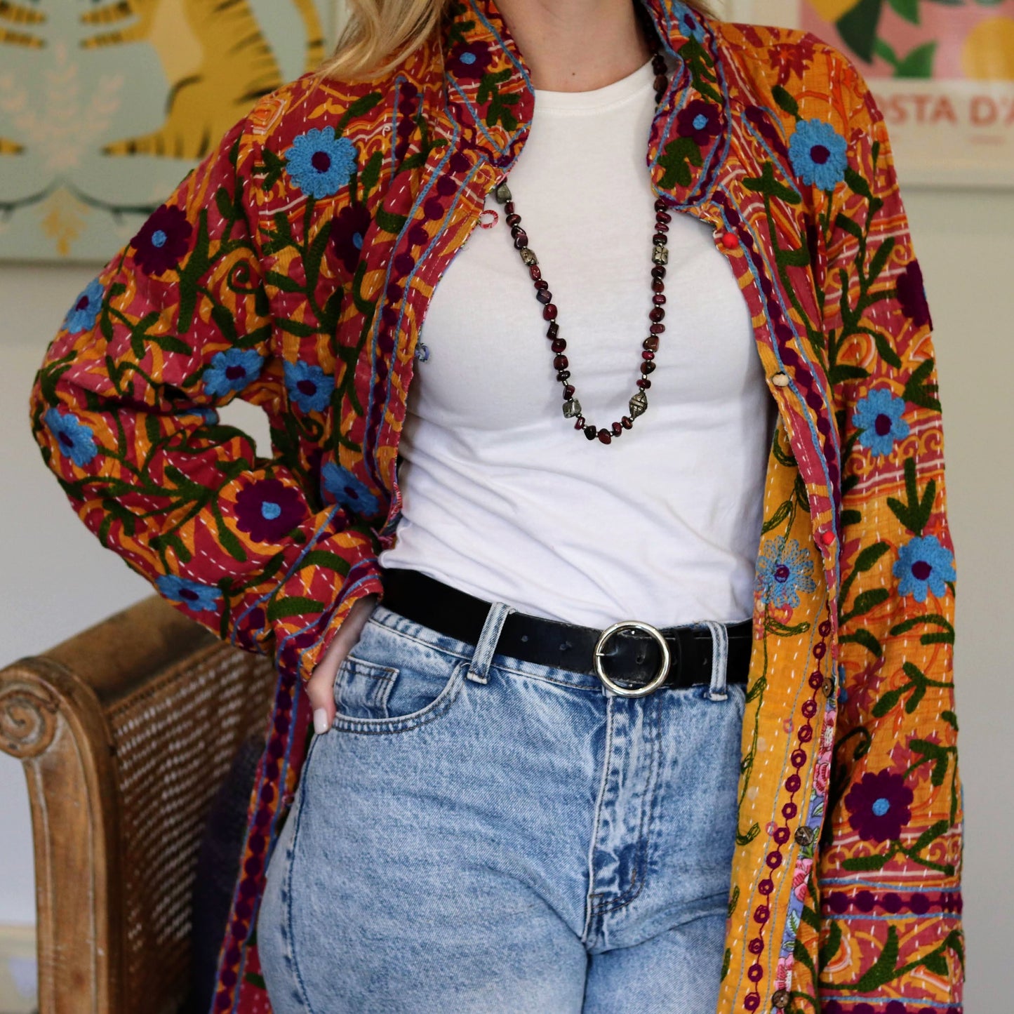 Embroidered Kantha Jacket In Orange Garden