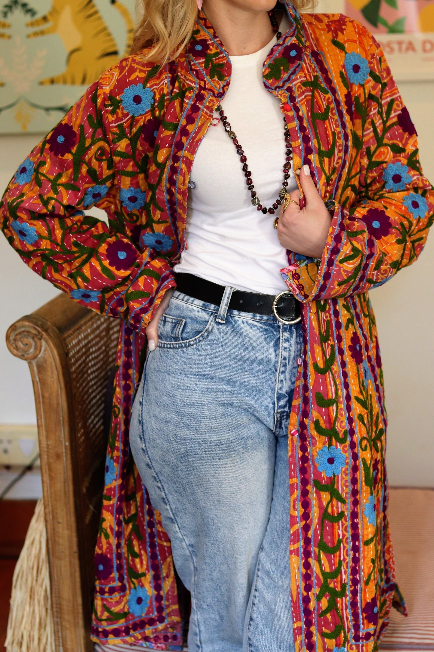 Embroidered Kantha Jacket In Orange Garden