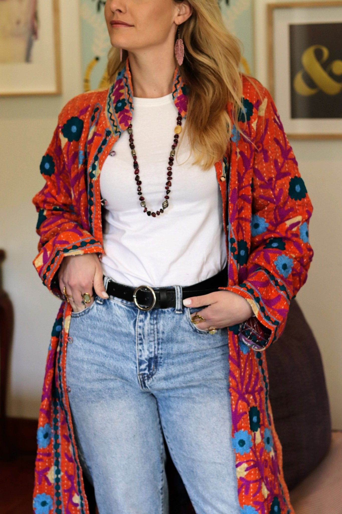 Embroidered Kantha Jacket In Magenta Bloom