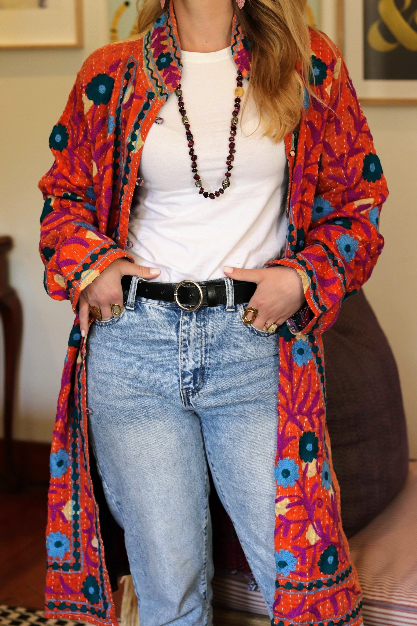Embroidered Kantha Jacket In Magenta Bloom