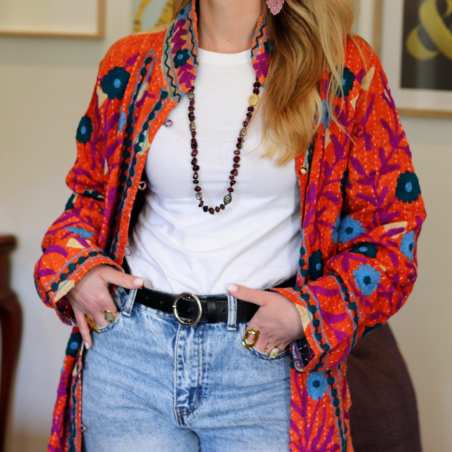Embroidered Kantha Jacket In Magenta Bloom