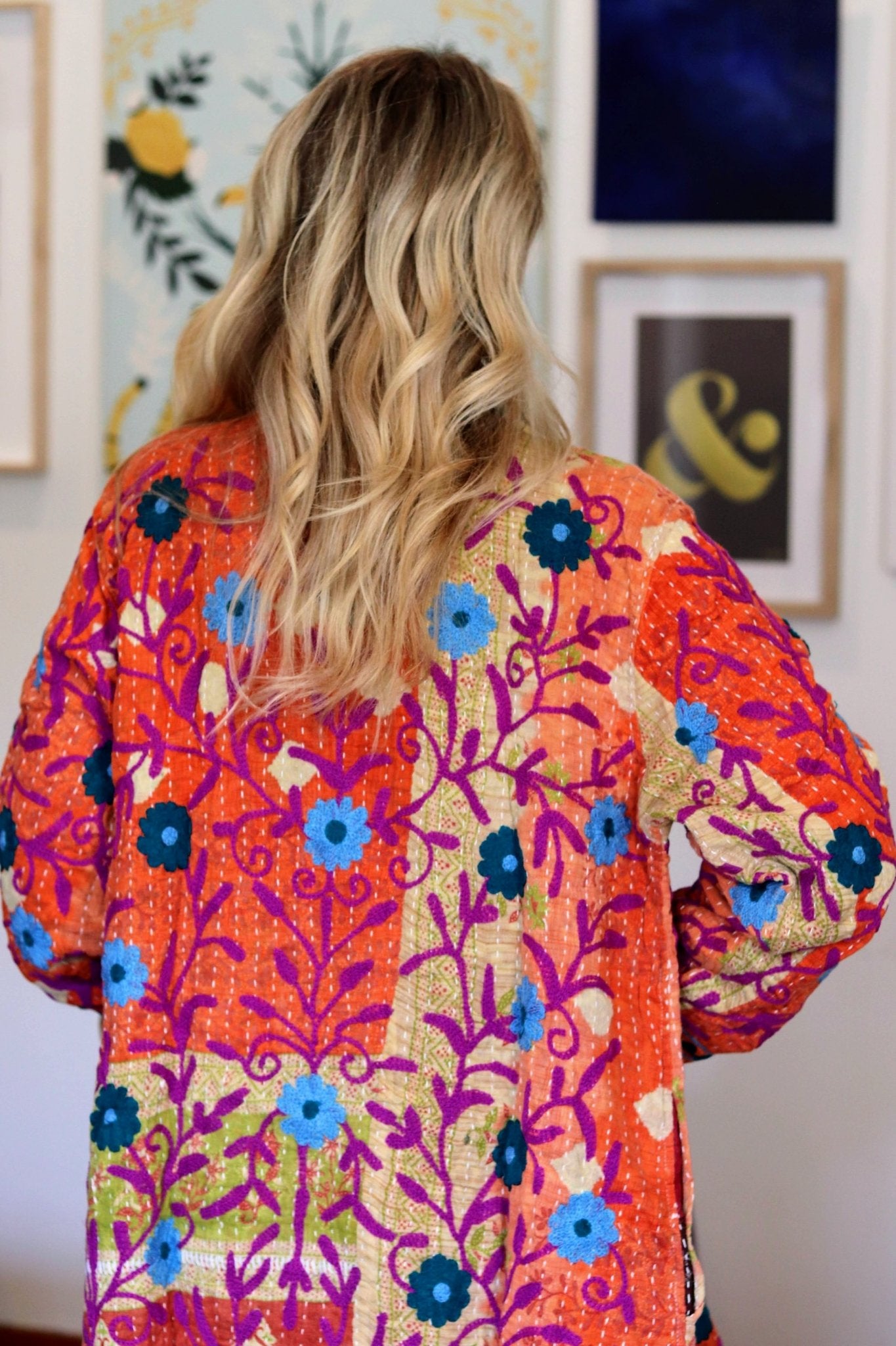 Embroidered Kantha Jacket In Magenta Bloom