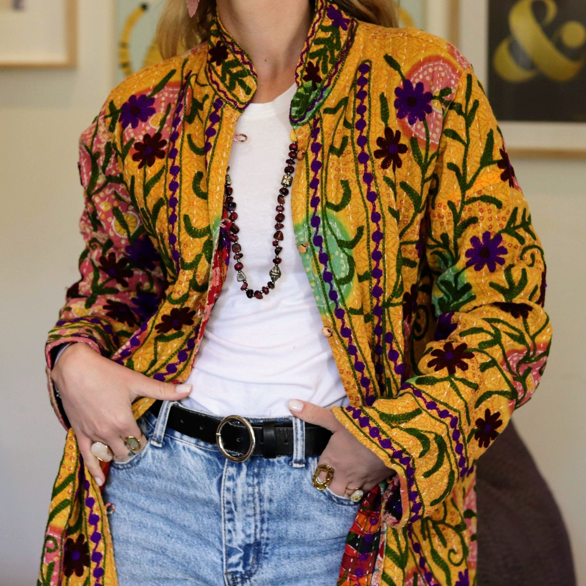 Embroidered Kantha Jacket In Sunshine & Purple