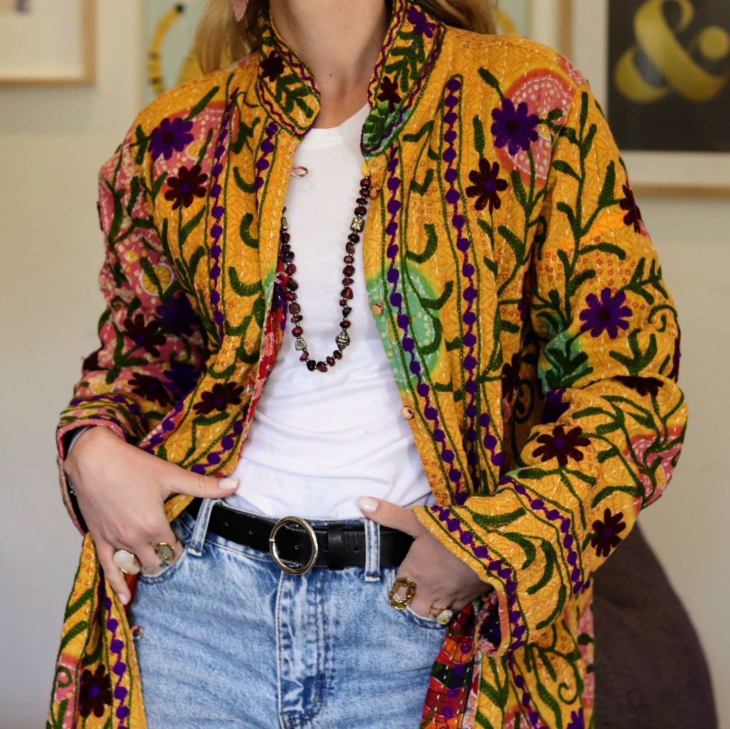 Embroidered Kantha Jacket In Sunshine & Purple