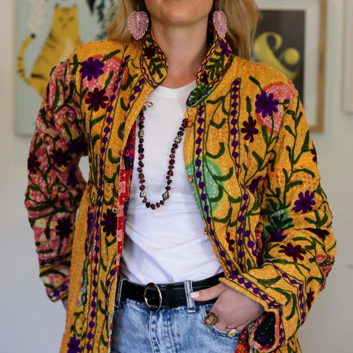 Embroidered Kantha Jacket In Sunshine & Purple