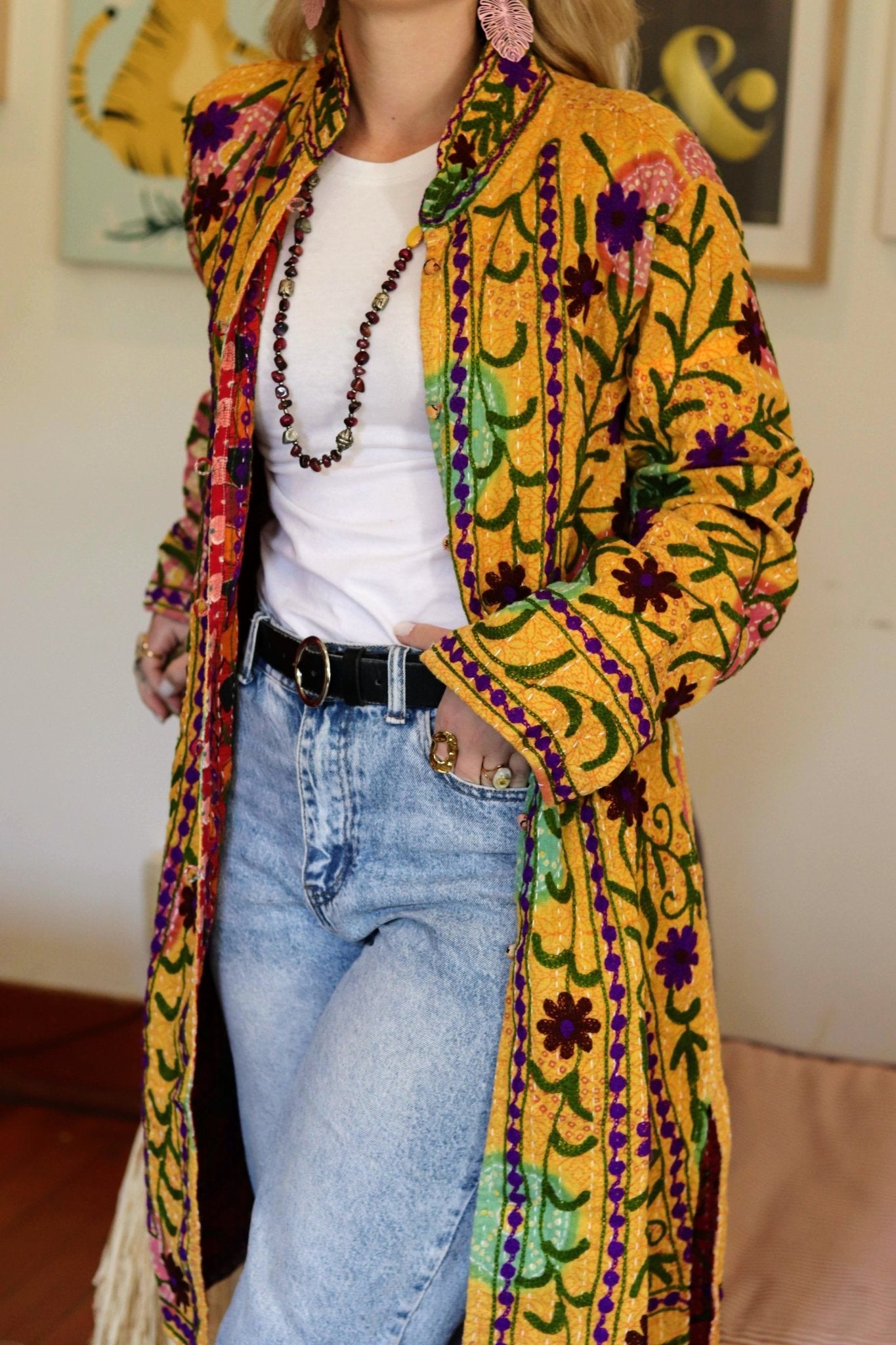 Embroidered Kantha Jacket In Sunshine & Purple