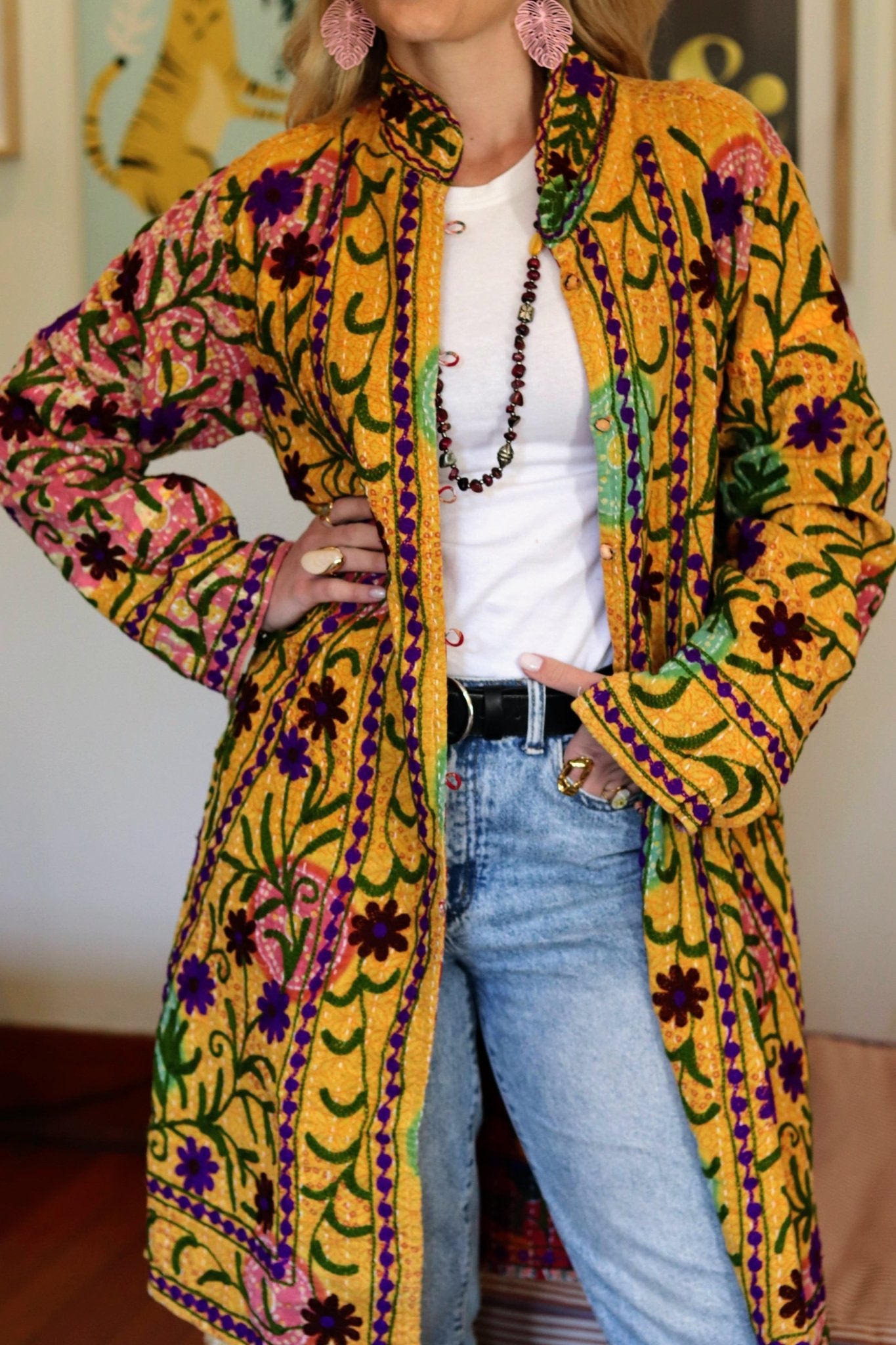 Embroidered Kantha Jacket In Sunshine & Purple