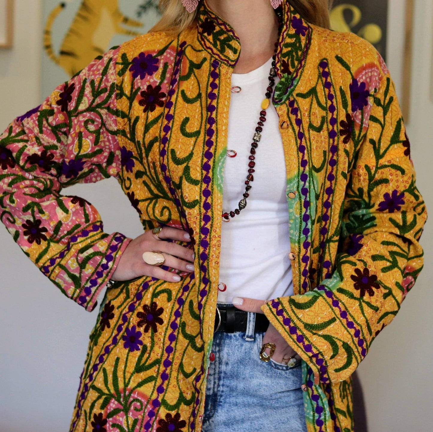 Embroidered Kantha Jacket In Sunshine & Purple