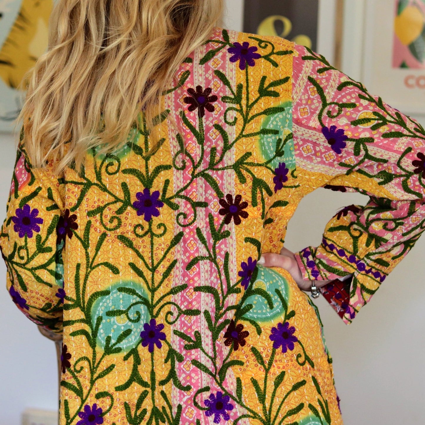 Embroidered Kantha Jacket In Sunshine & Purple