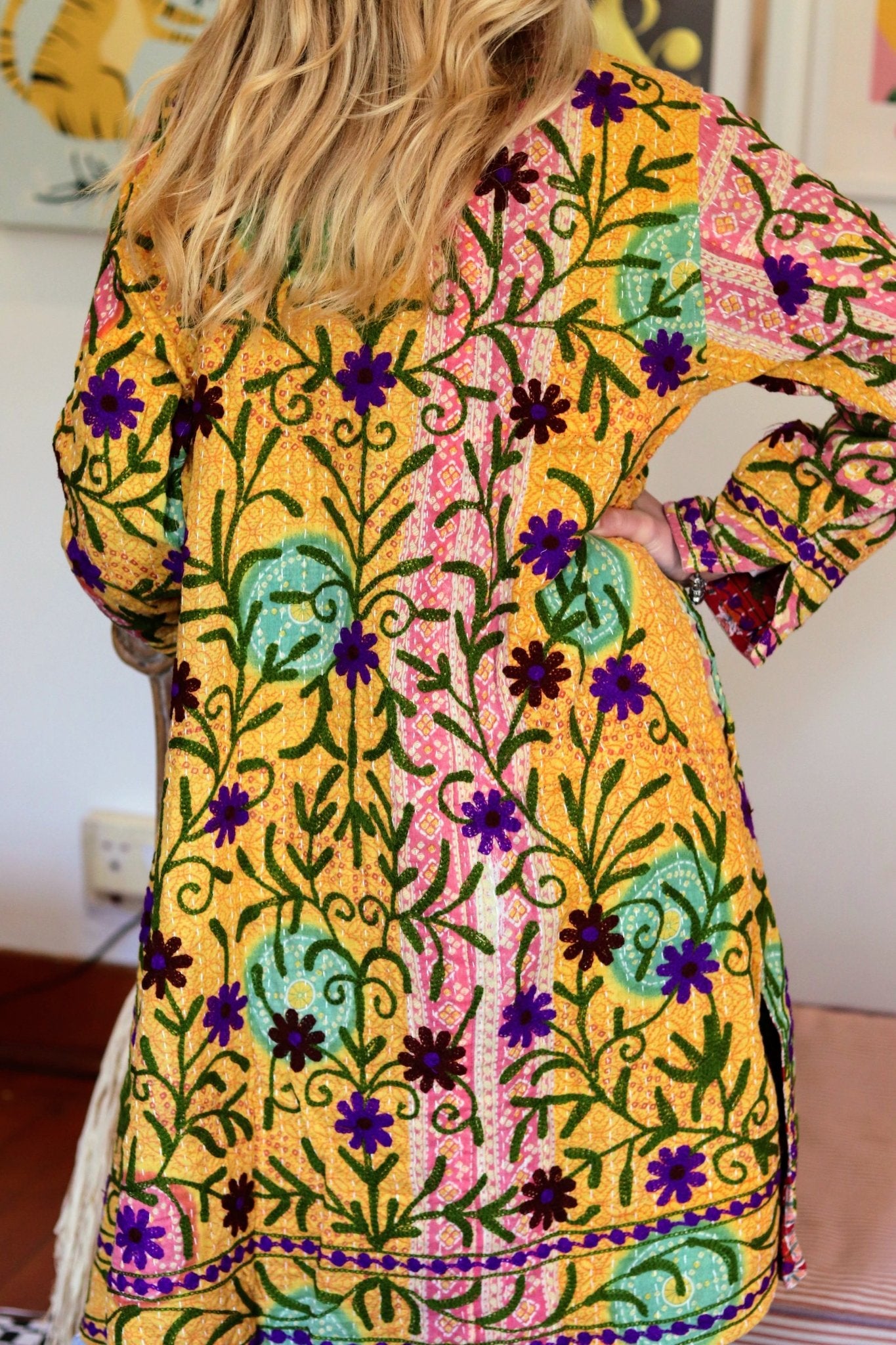 Embroidered Kantha Jacket In Sunshine & Purple
