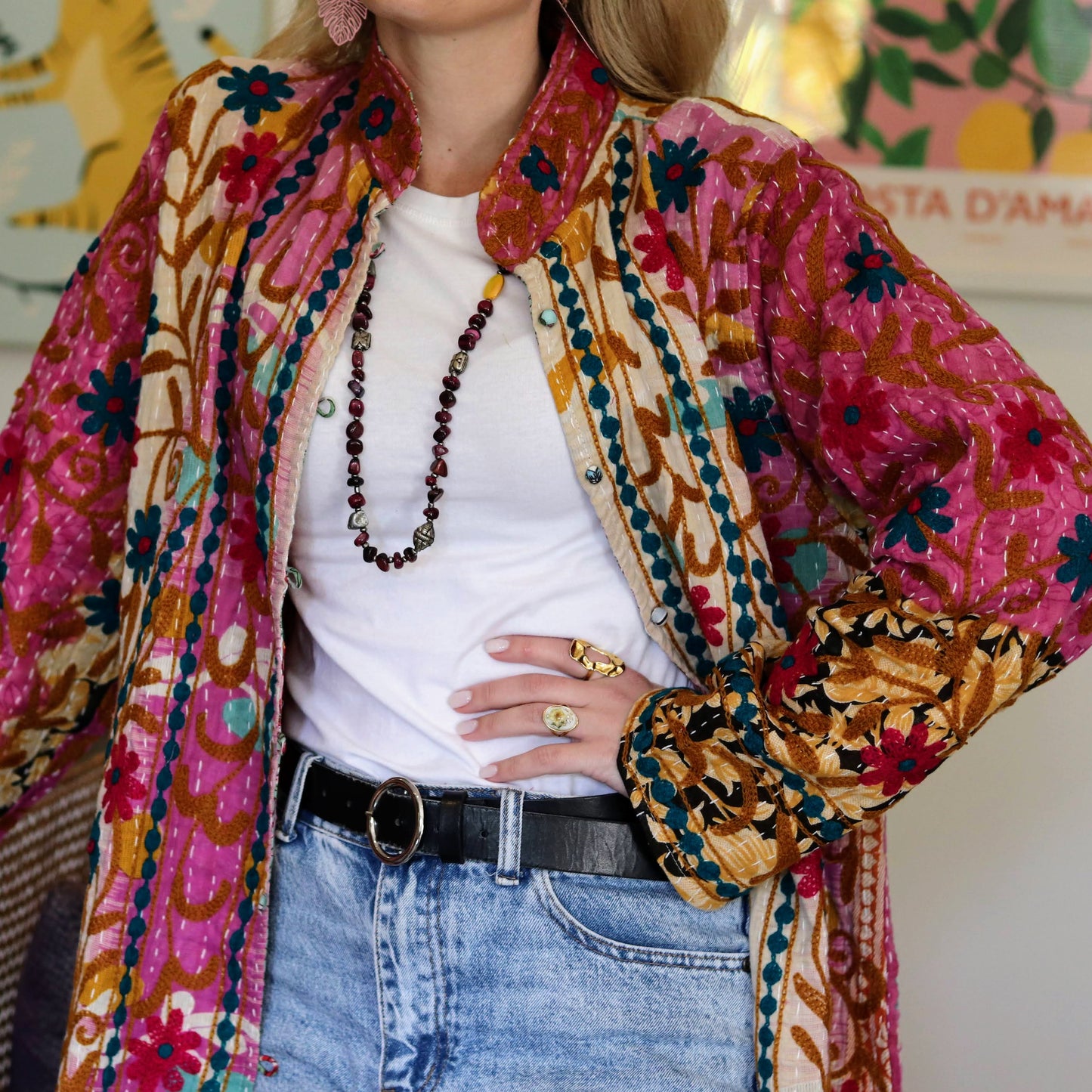 Embroidered Kantha Jacket In Sunny Pansy