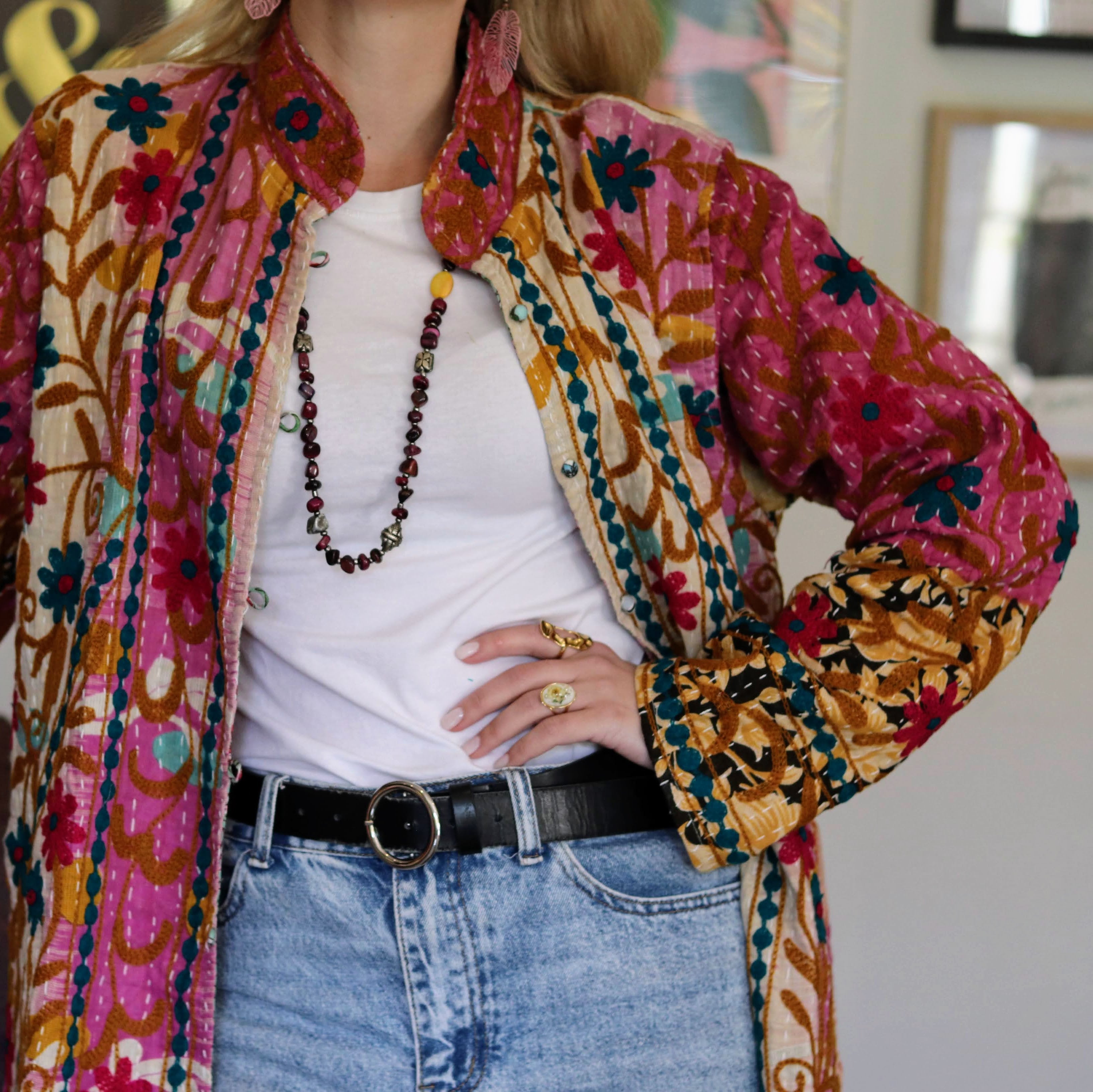 Embroidered Kantha Jacket In Sunny Pansy