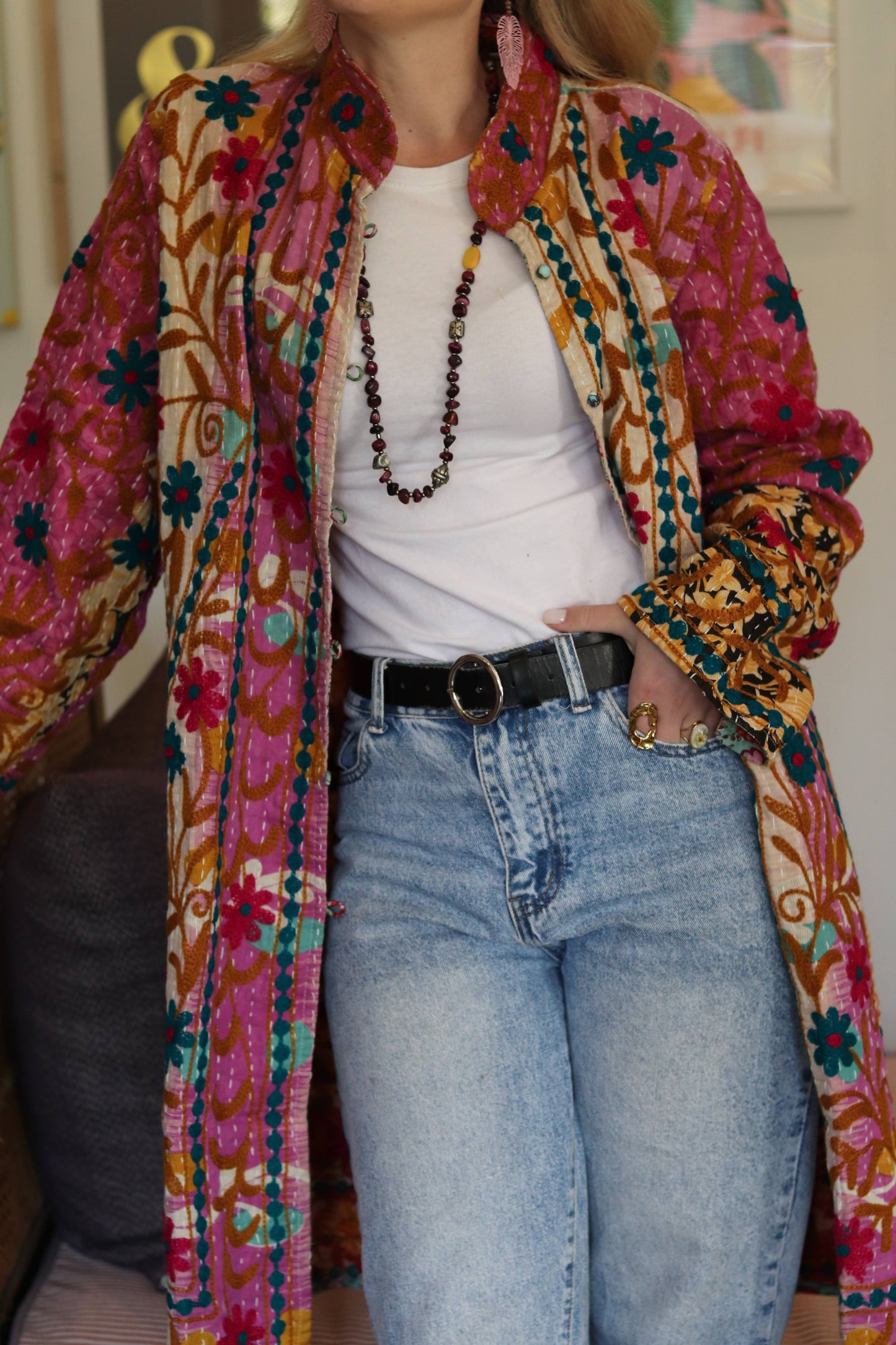 Embroidered Kantha Jacket In Sunny Pansy