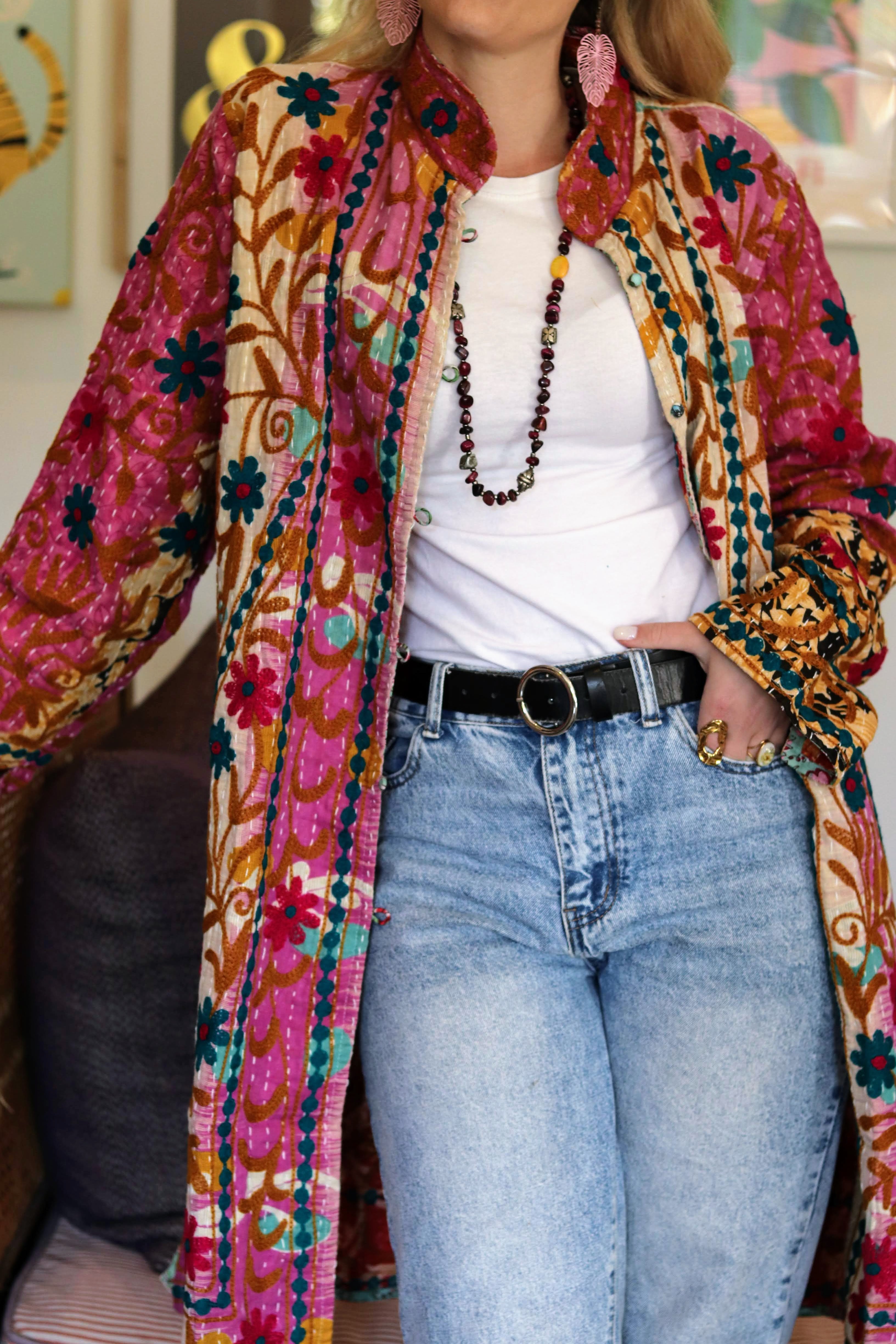 Embroidered Kantha Jacket In Sunny Pansy
