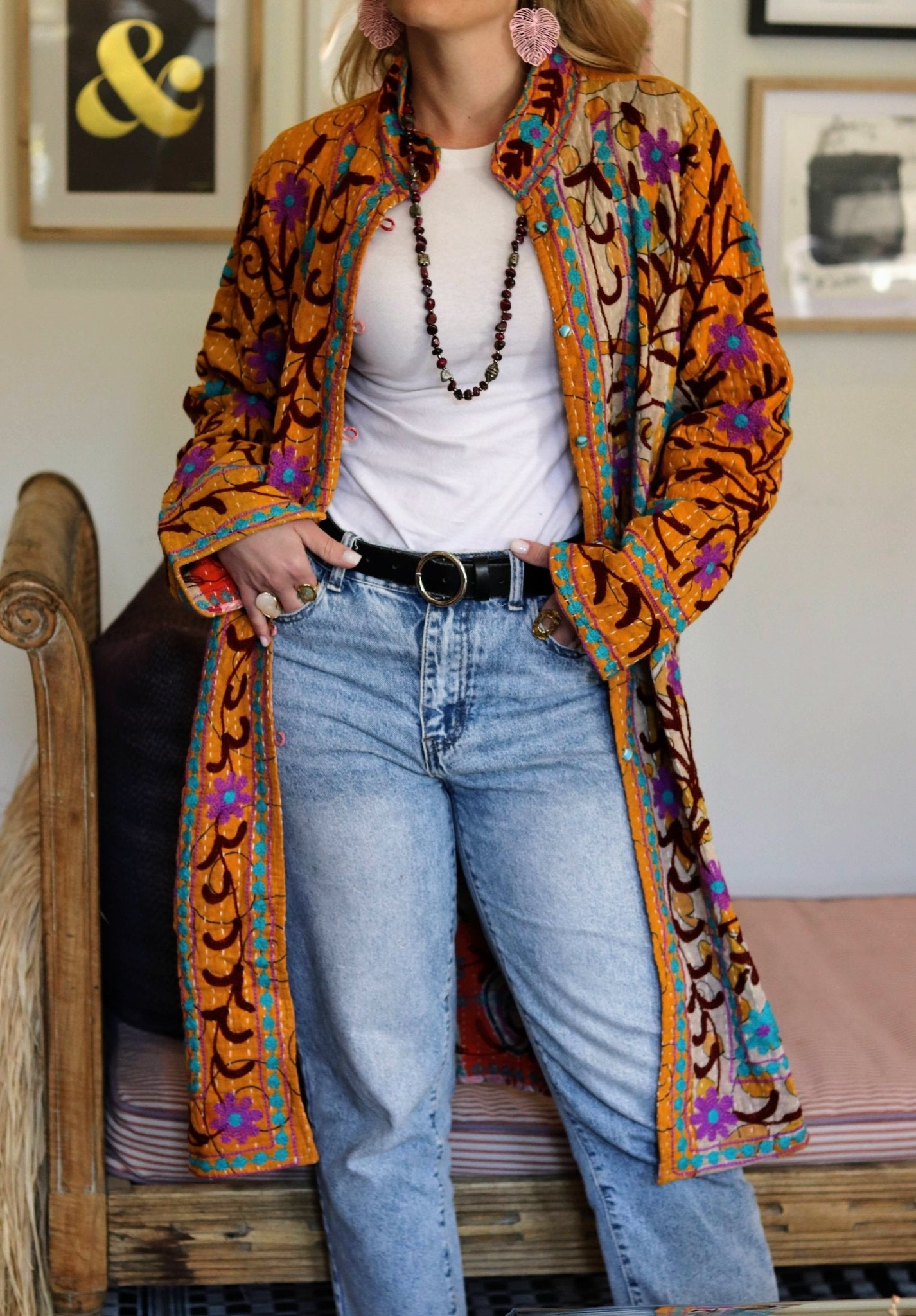 Embroidered Kantha Jacket In Orange Blossom
