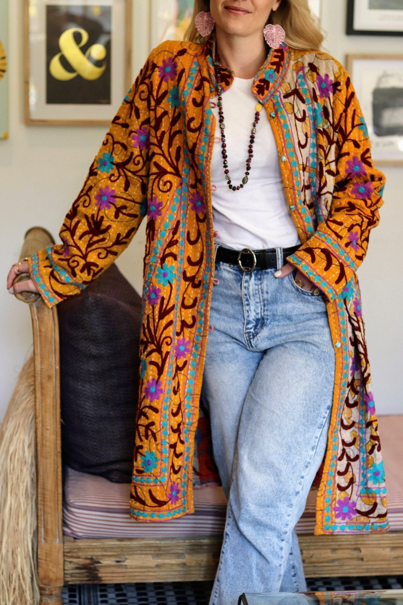 Embroidered Kantha Jacket In Orange Blossom