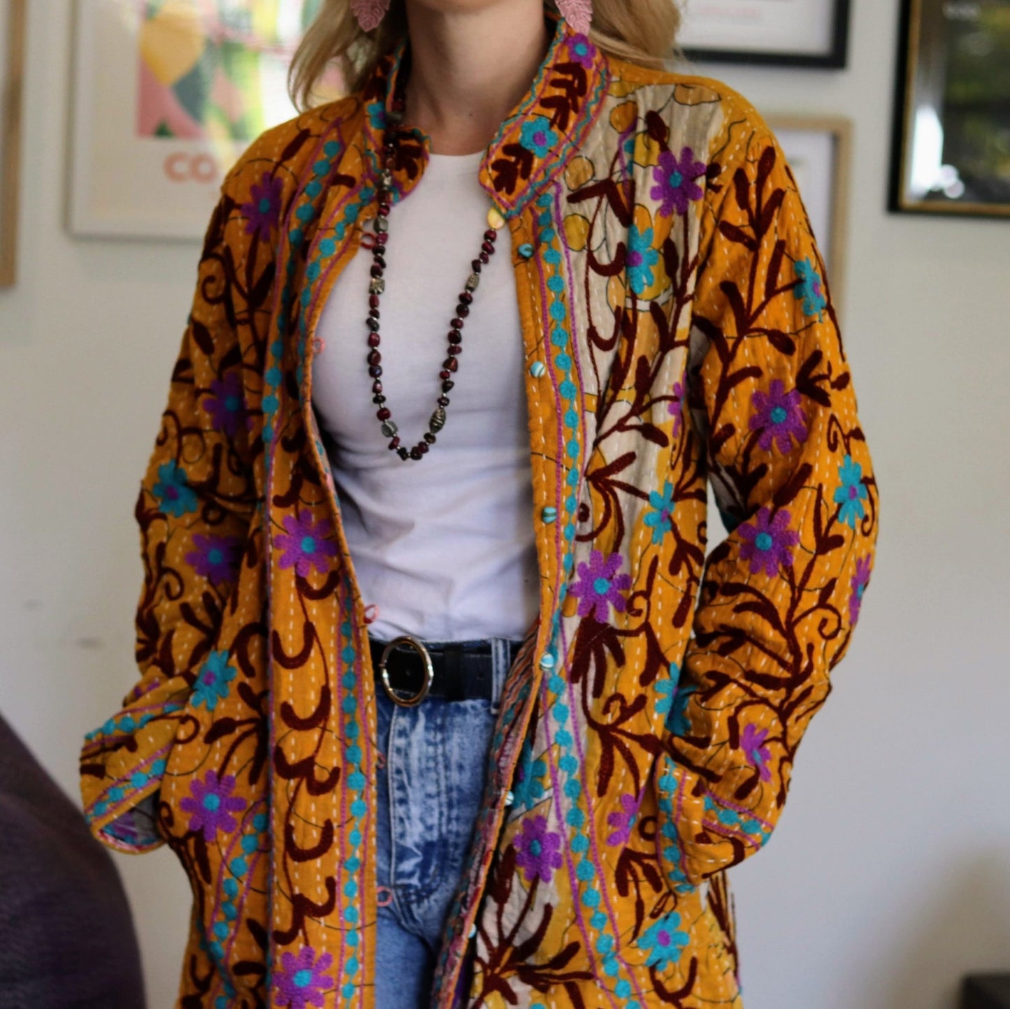 Embroidered Kantha Jacket In Orange Blossom