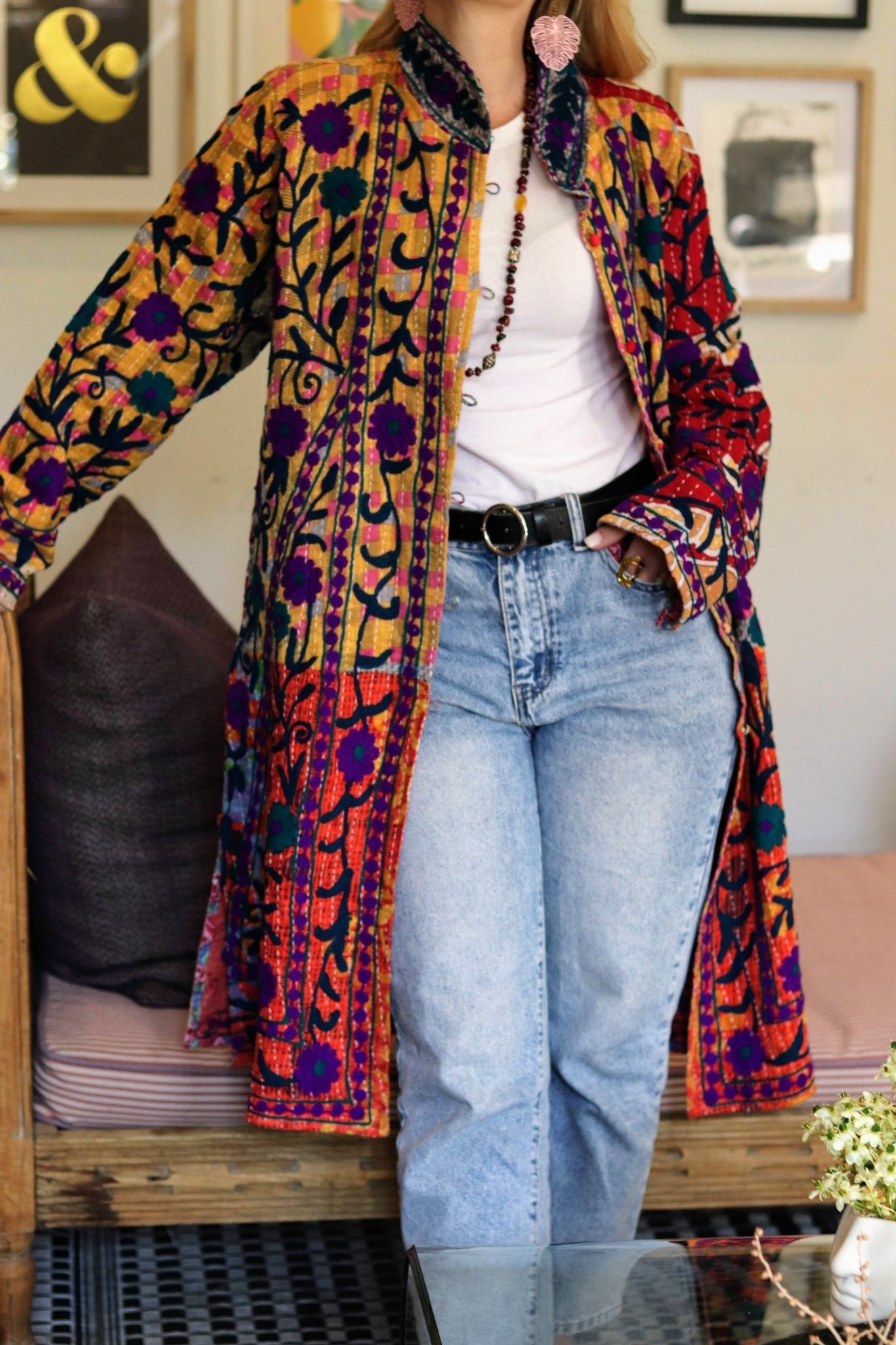 Embroidered Kantha Jacket In Rose & Sun
