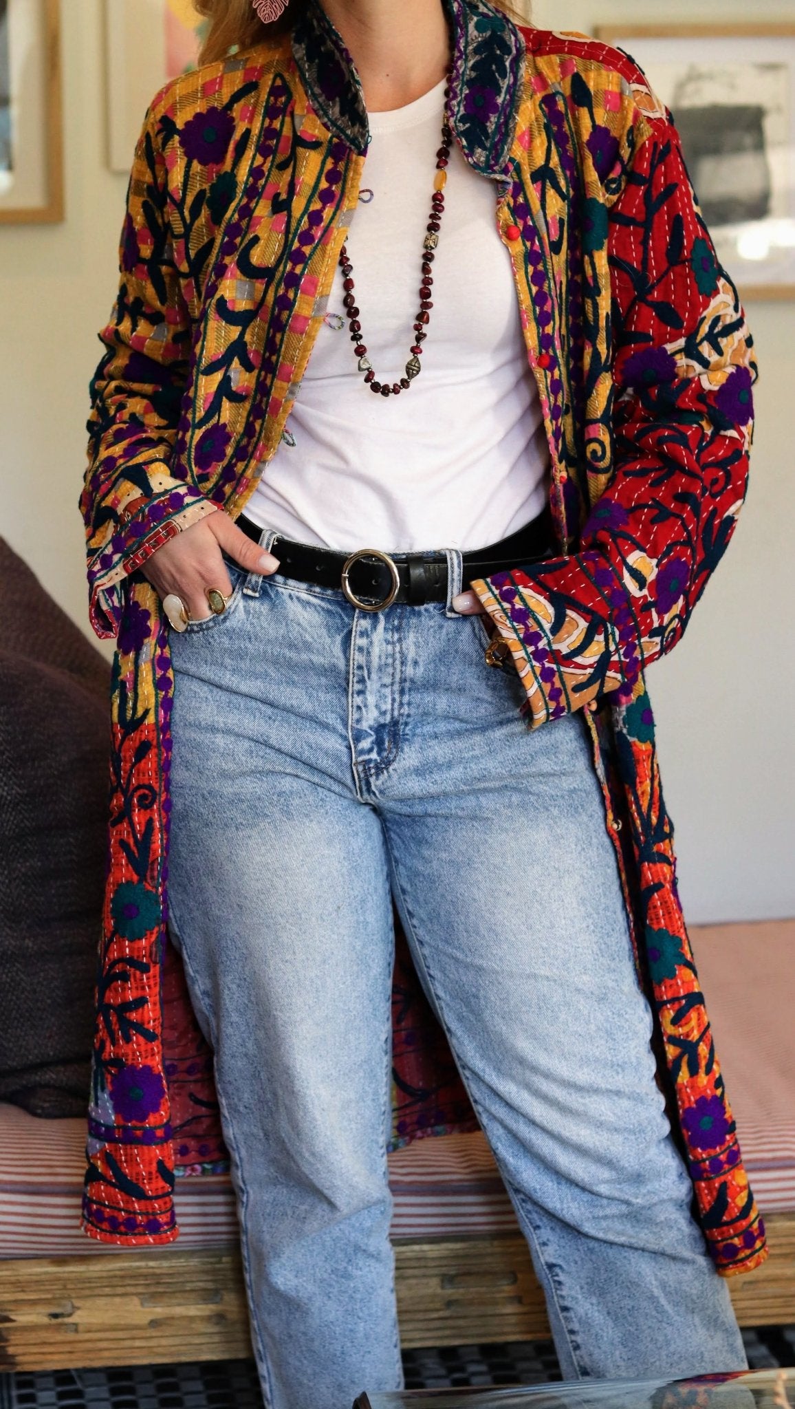 Embroidered Kantha Jacket In Rose & Sun