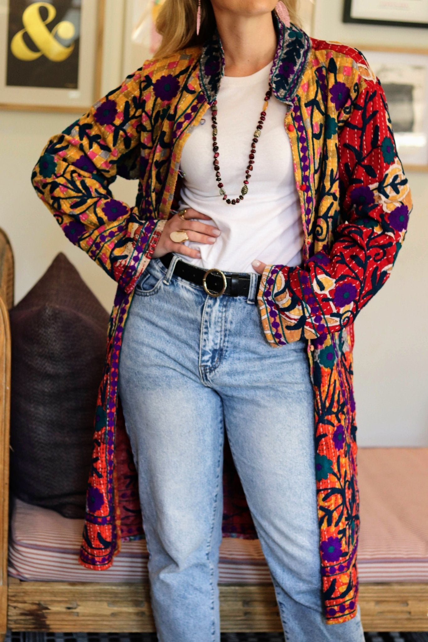 Embroidered Kantha Jacket In Rose & Sun