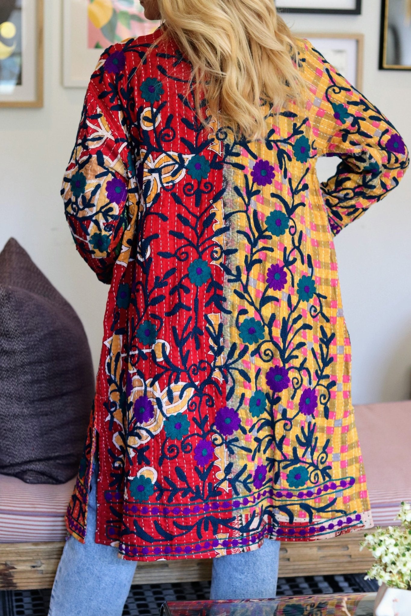 Embroidered Kantha Jacket In Rose & Sun