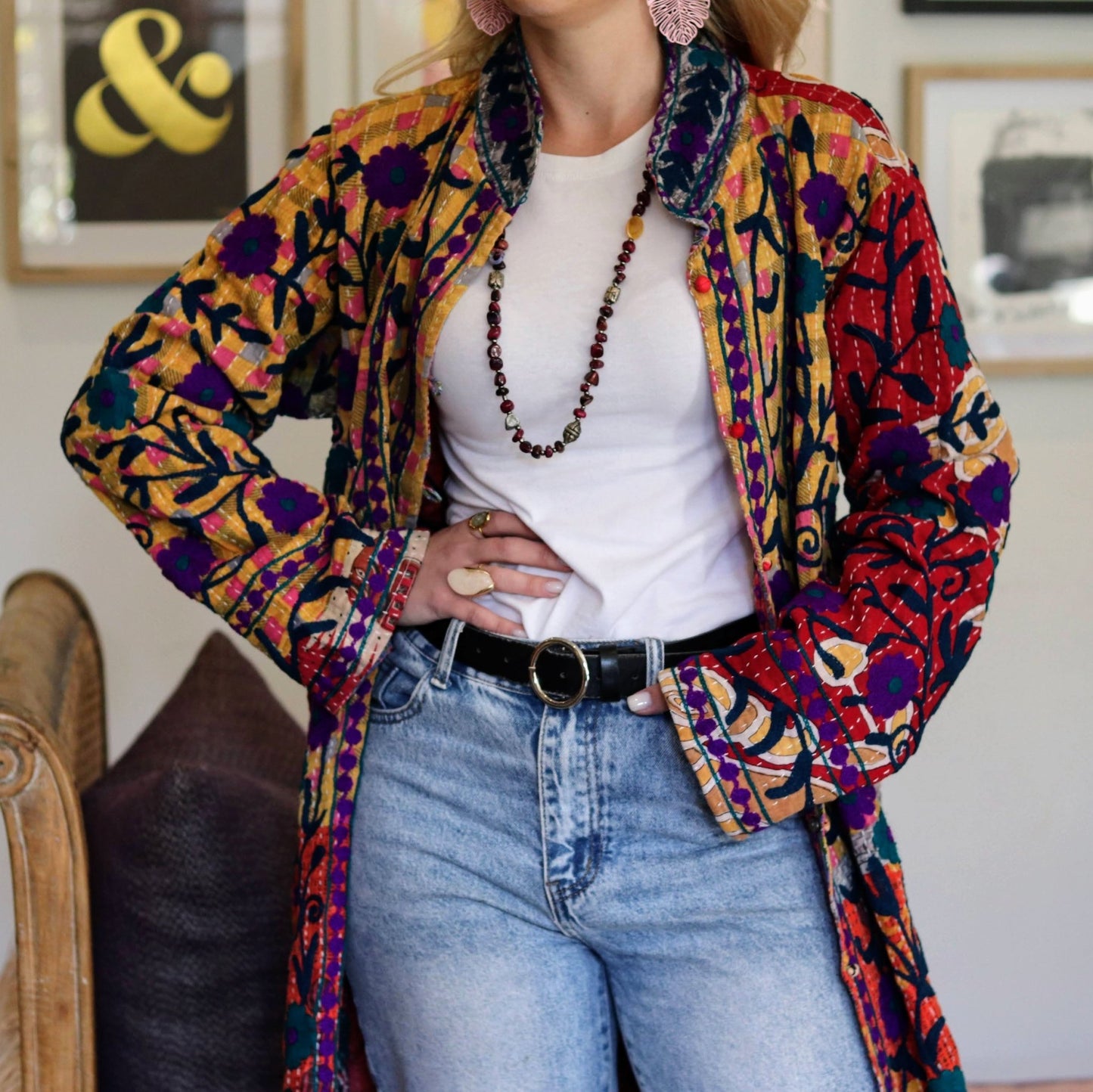 Embroidered Kantha Jacket In Rose & Sun