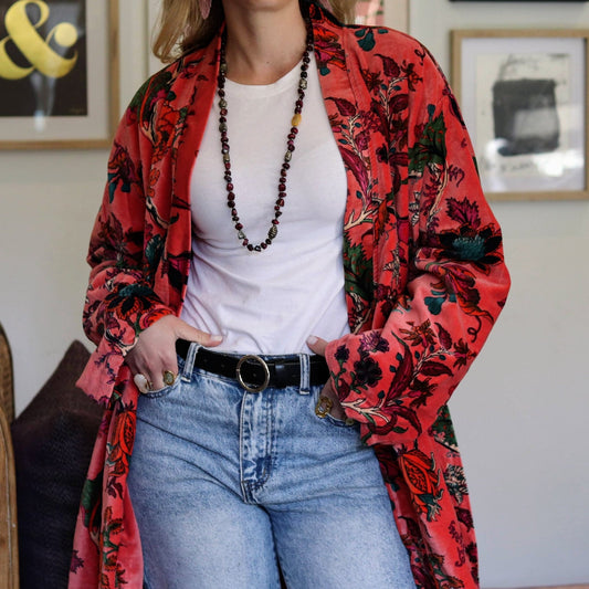 Velvet Kimono In Pink Botanical- Handmade Jewellery - i am boho