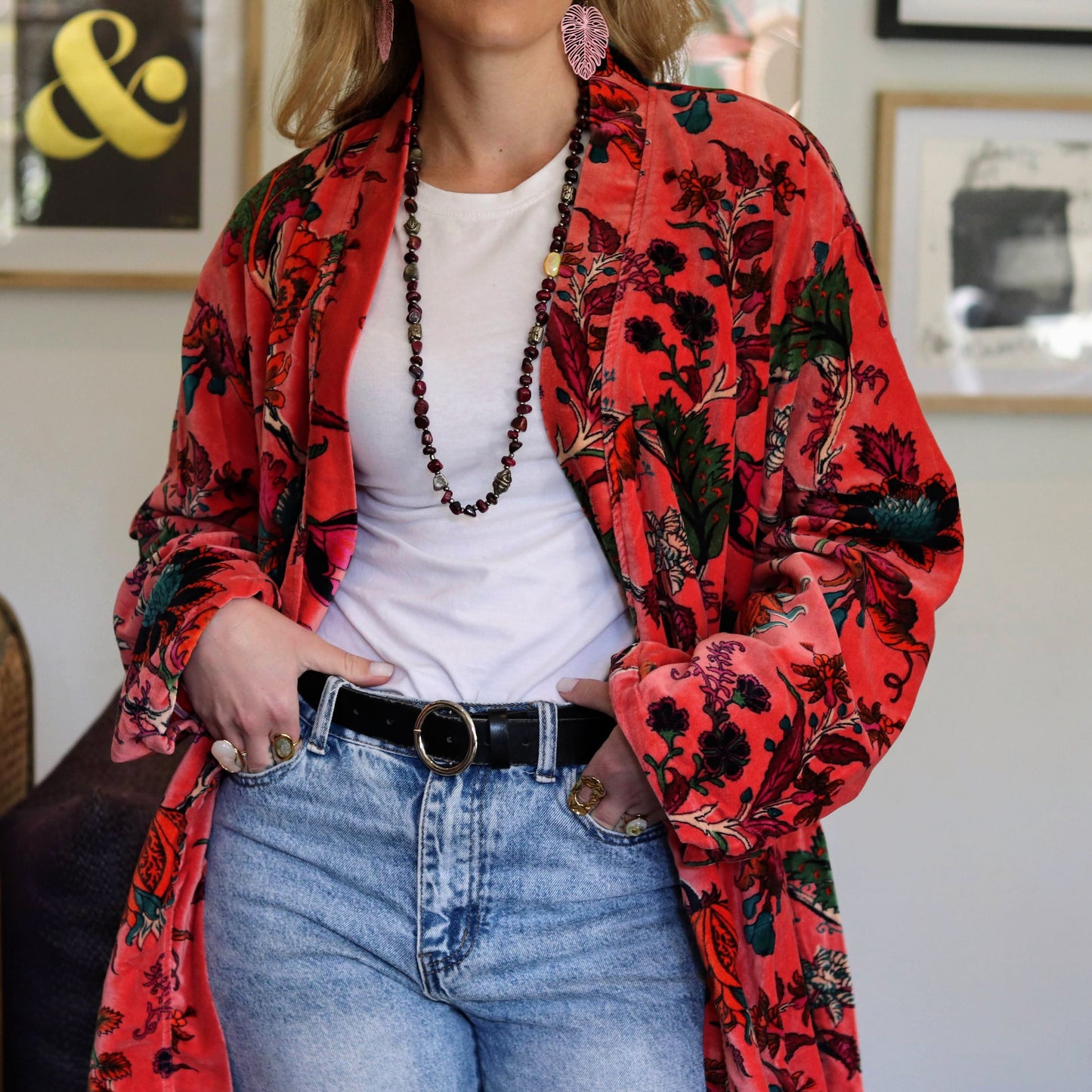 Velvet Kimono In Pink Botanical