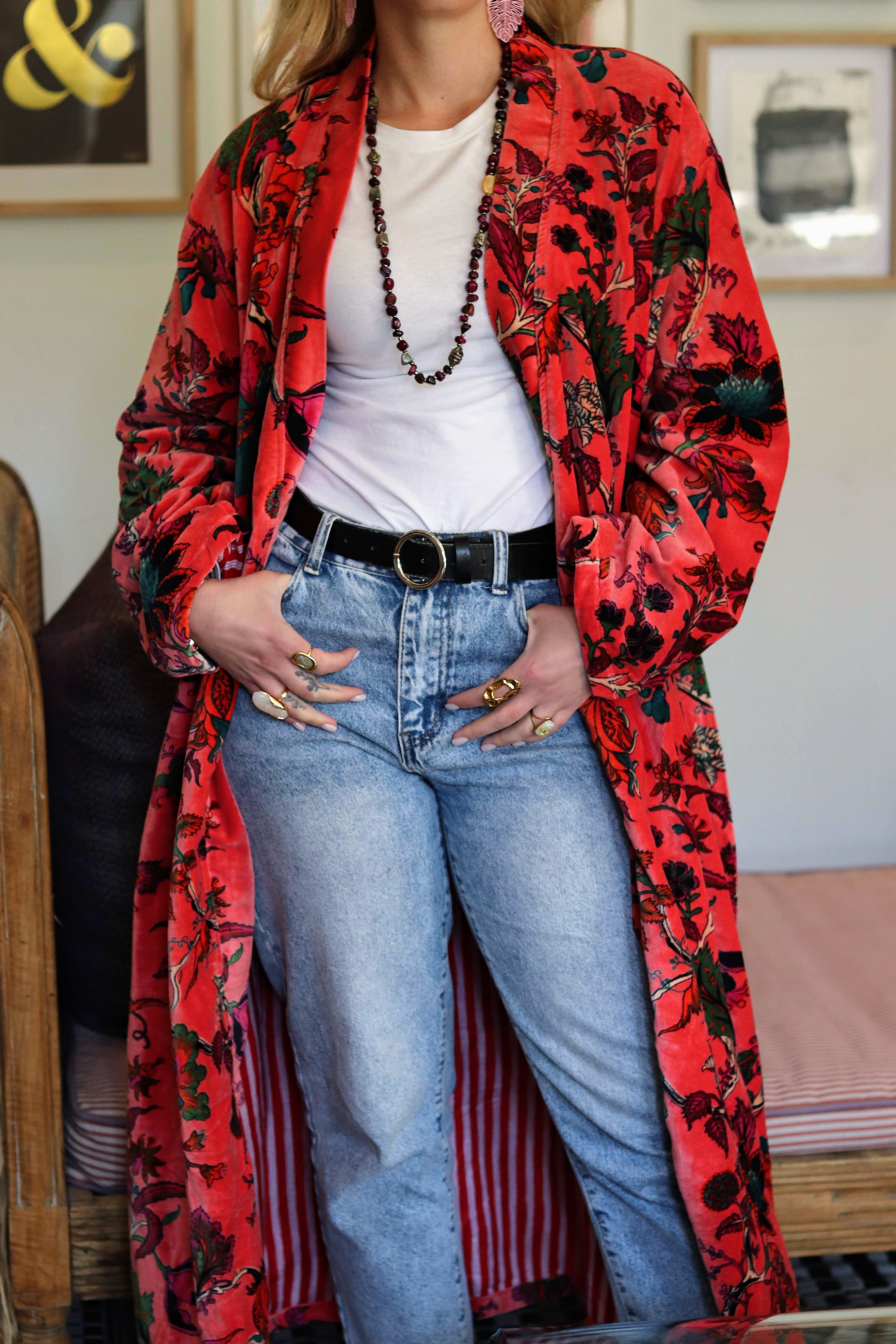 Velvet Kimono In Pink Botanical