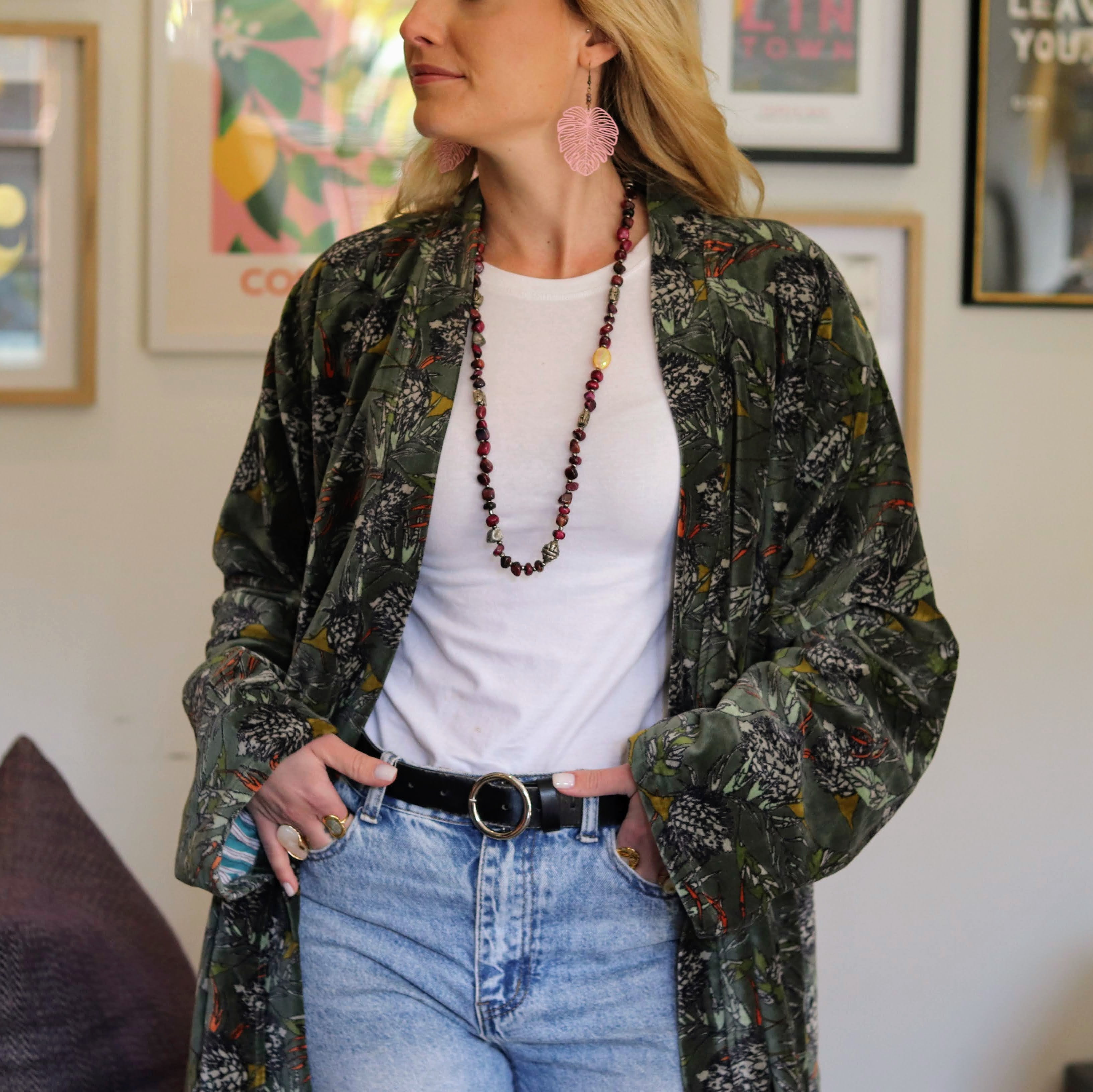 Velvet Kimono In Forest Thistle
