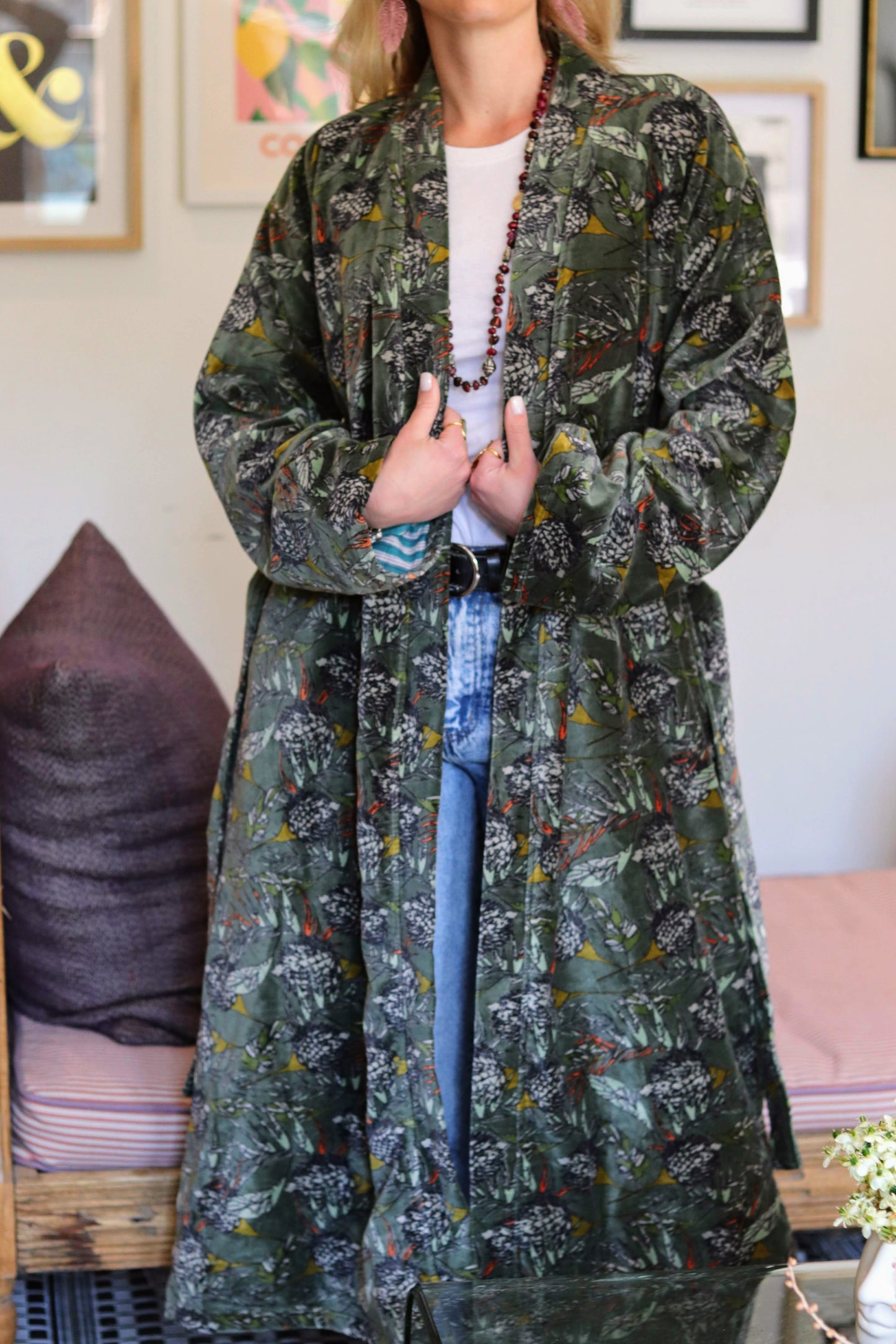 Velvet Kimono In Forest Thistle