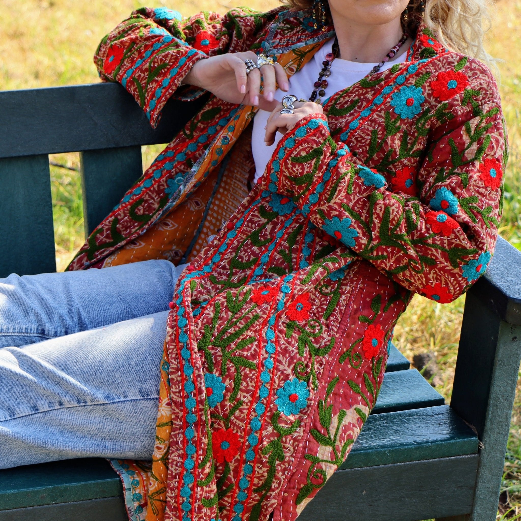 Embroidered Kantha Jacket In Teal & Olive- Handmade Jewellery - i am boho