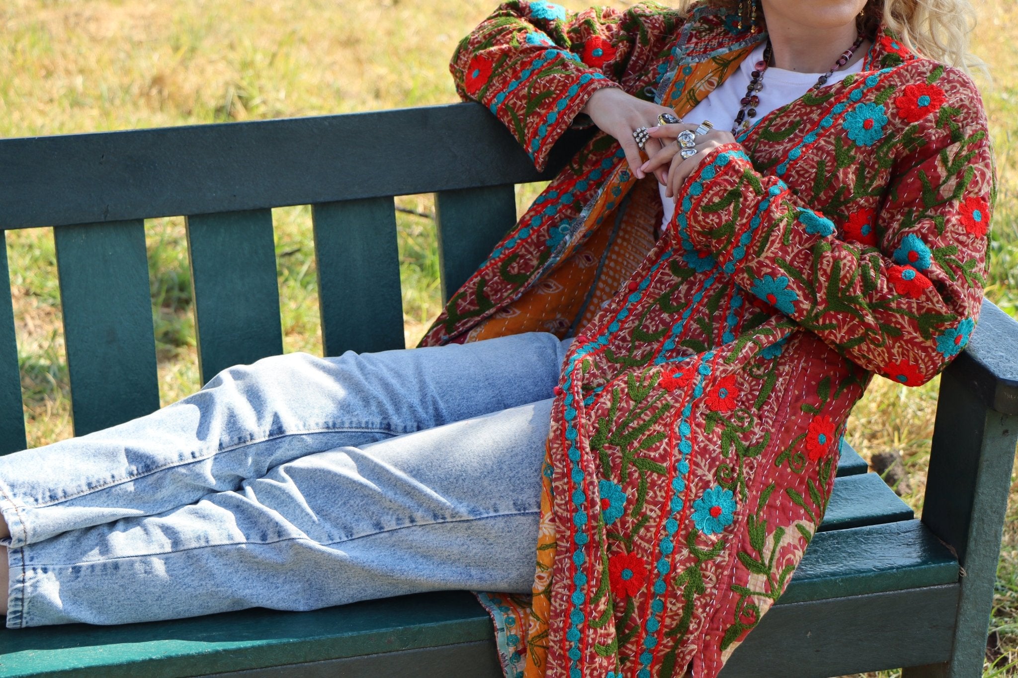 Embroidered Kantha Jacket In Teal & Olive- Handmade Jewellery - i am boho