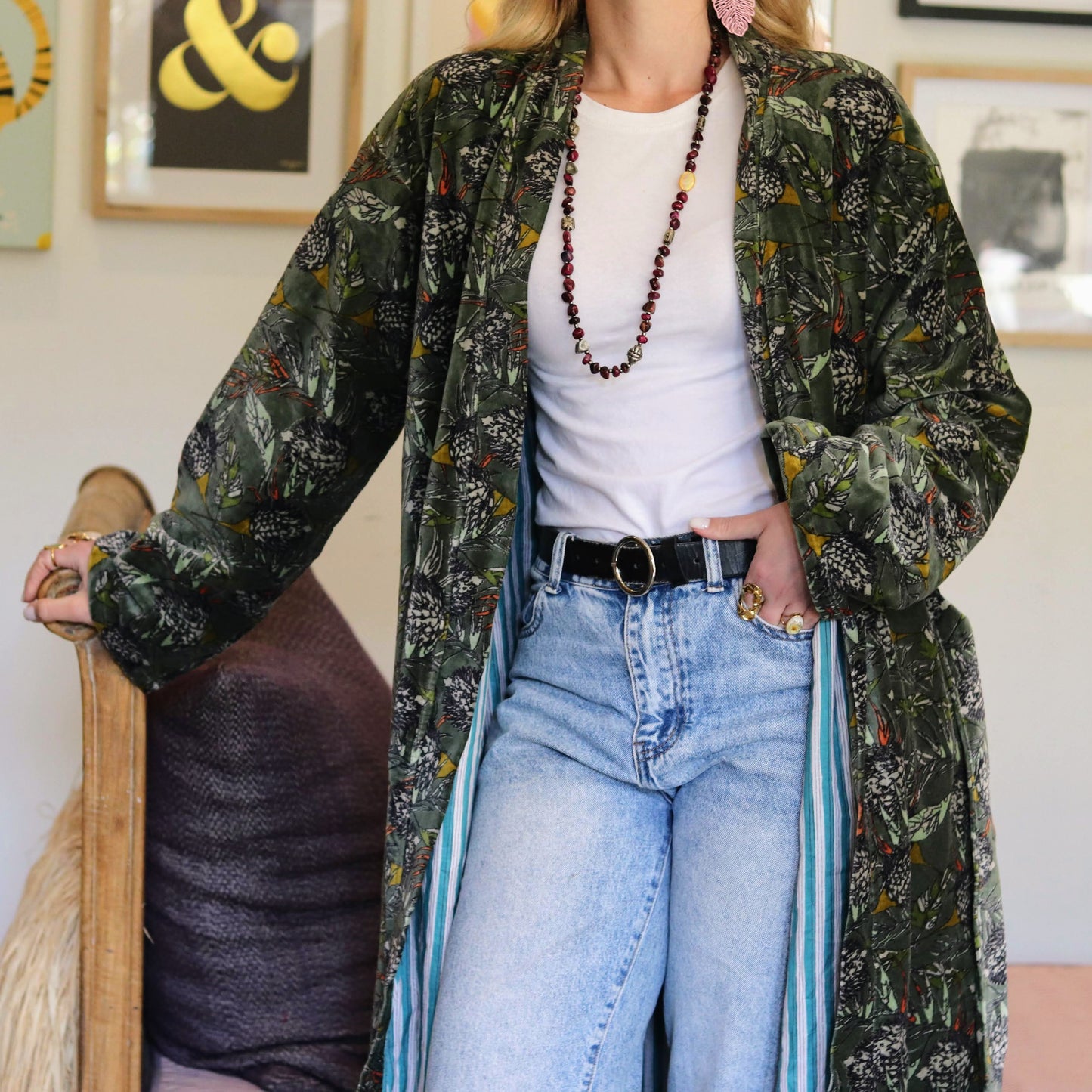 Velvet Kimono In Forest Thistle