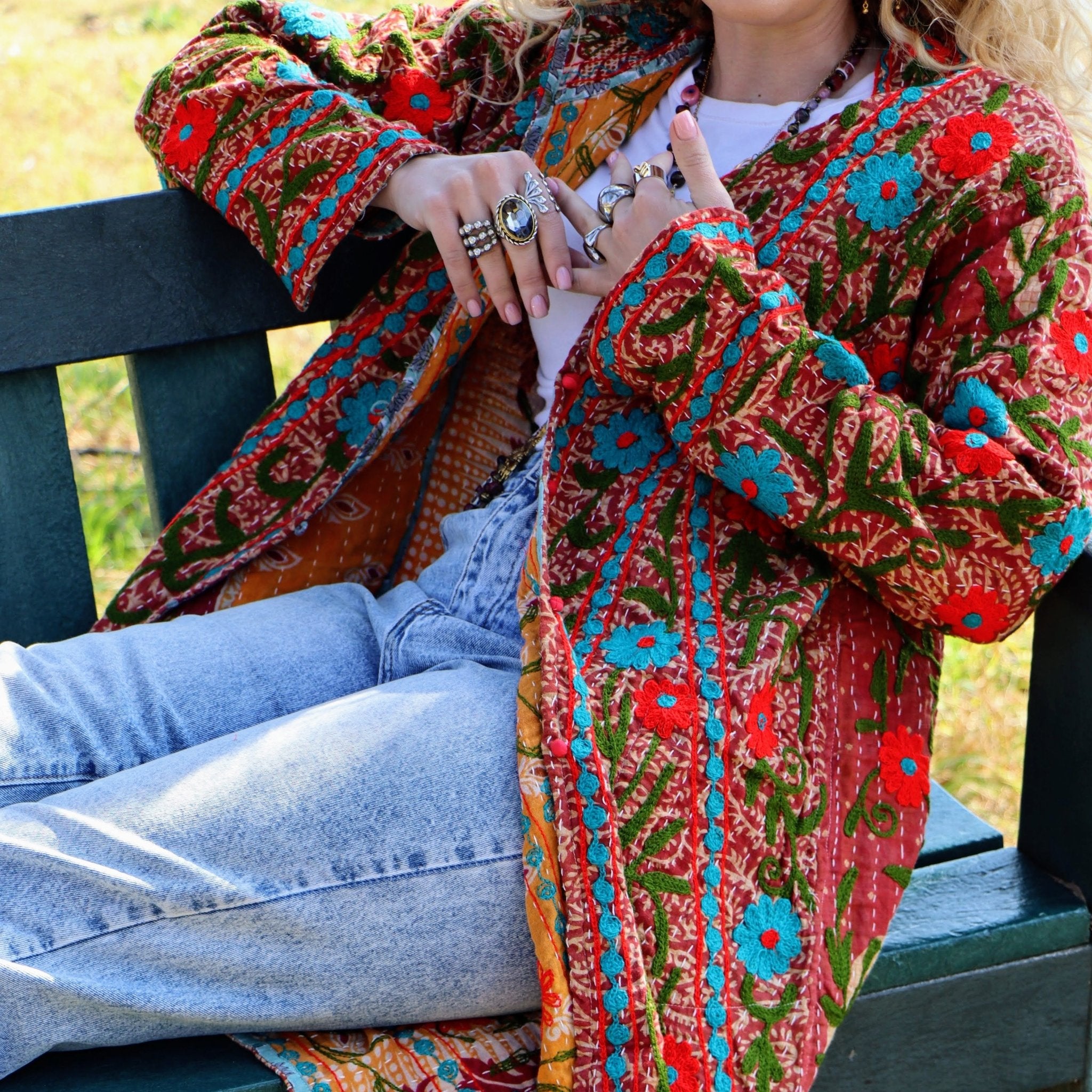 Embroidered Kantha Jacket In Teal & Olive- Handmade Jewellery - i am boho