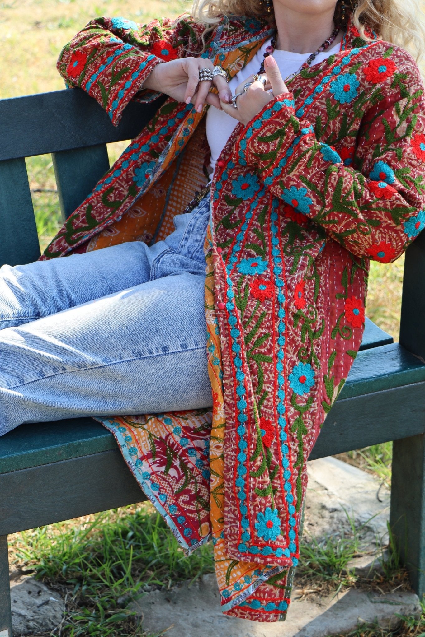 Embroidered Kantha Jacket In Teal & Olive- Handmade Jewellery - i am boho