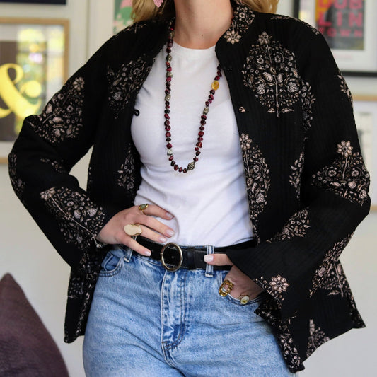 Reversible Quilted Jacket in Ebony posy - Handmade Jewellery - i am boho