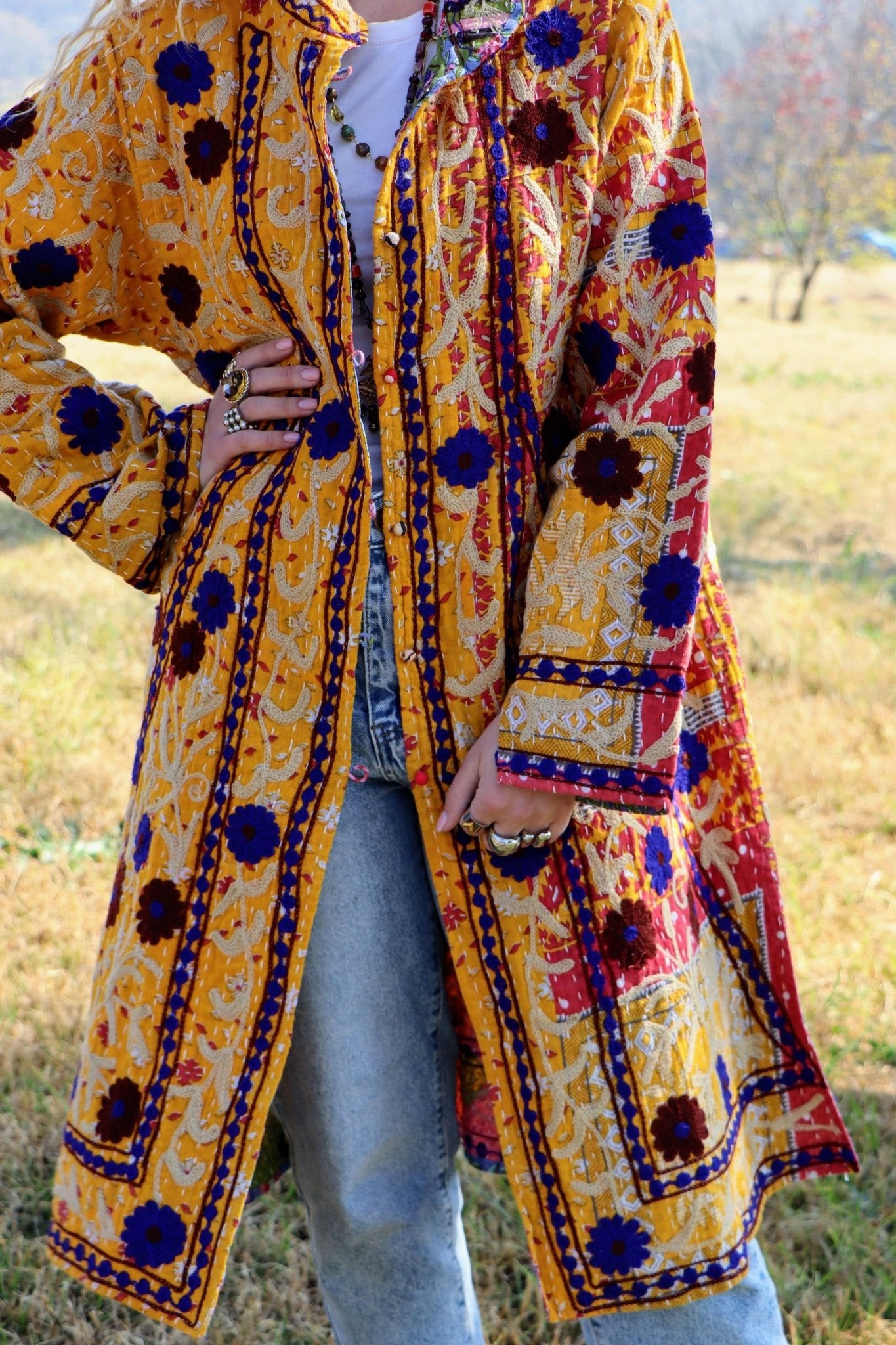 Embroidered Kantha Jacket In Mustard & Cobalt Bloom- Handmade Jewellery - i am boho