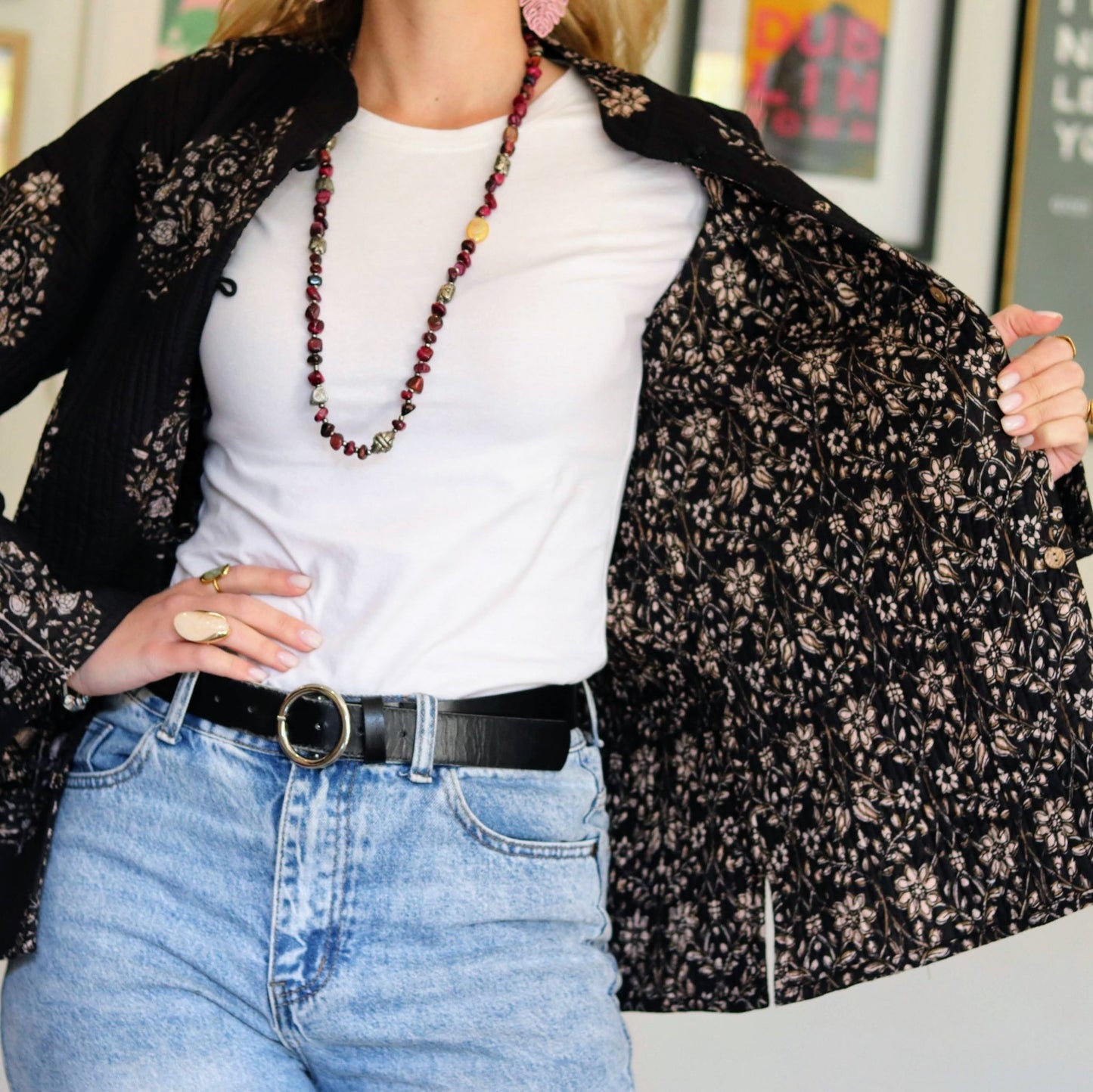 Reversible Quilted Jacket in Ebony posy - Handmade Jewellery - i am boho
