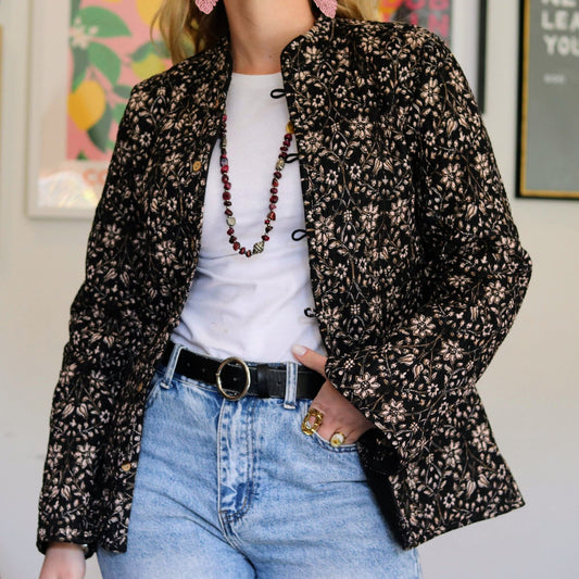 Reversible Quilted Jacket in Ebony posy - Handmade Jewellery - i am boho