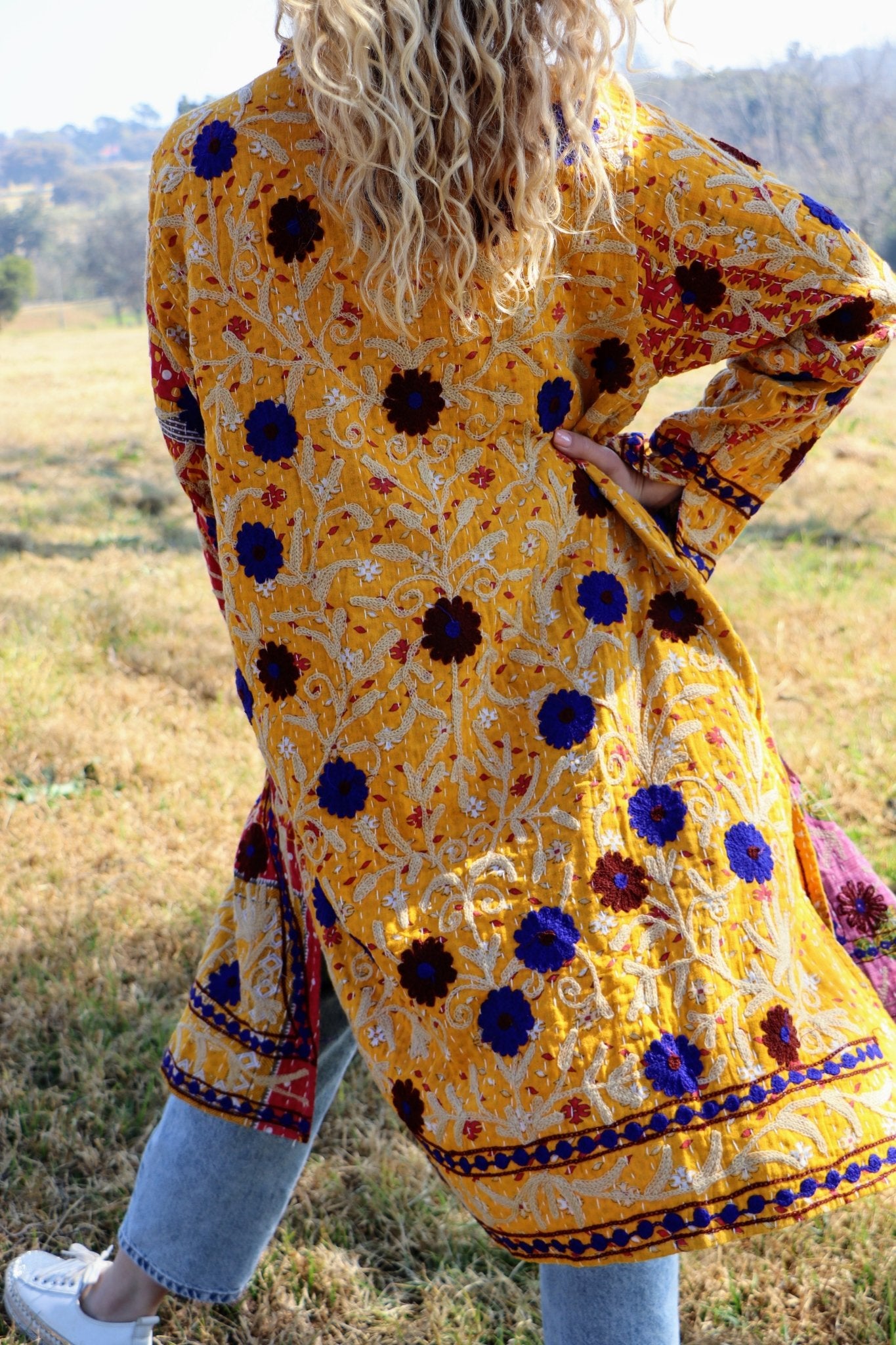 Embroidered Kantha Jacket In Mustard & Cobalt Bloom- Handmade Jewellery - i am boho