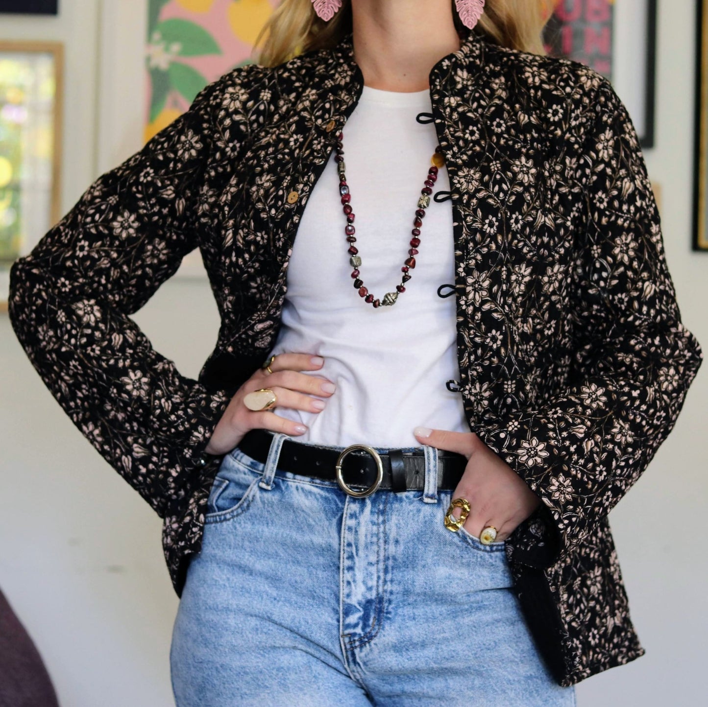 Reversible Quilted Jacket in Ebony posy - Handmade Jewellery - i am boho