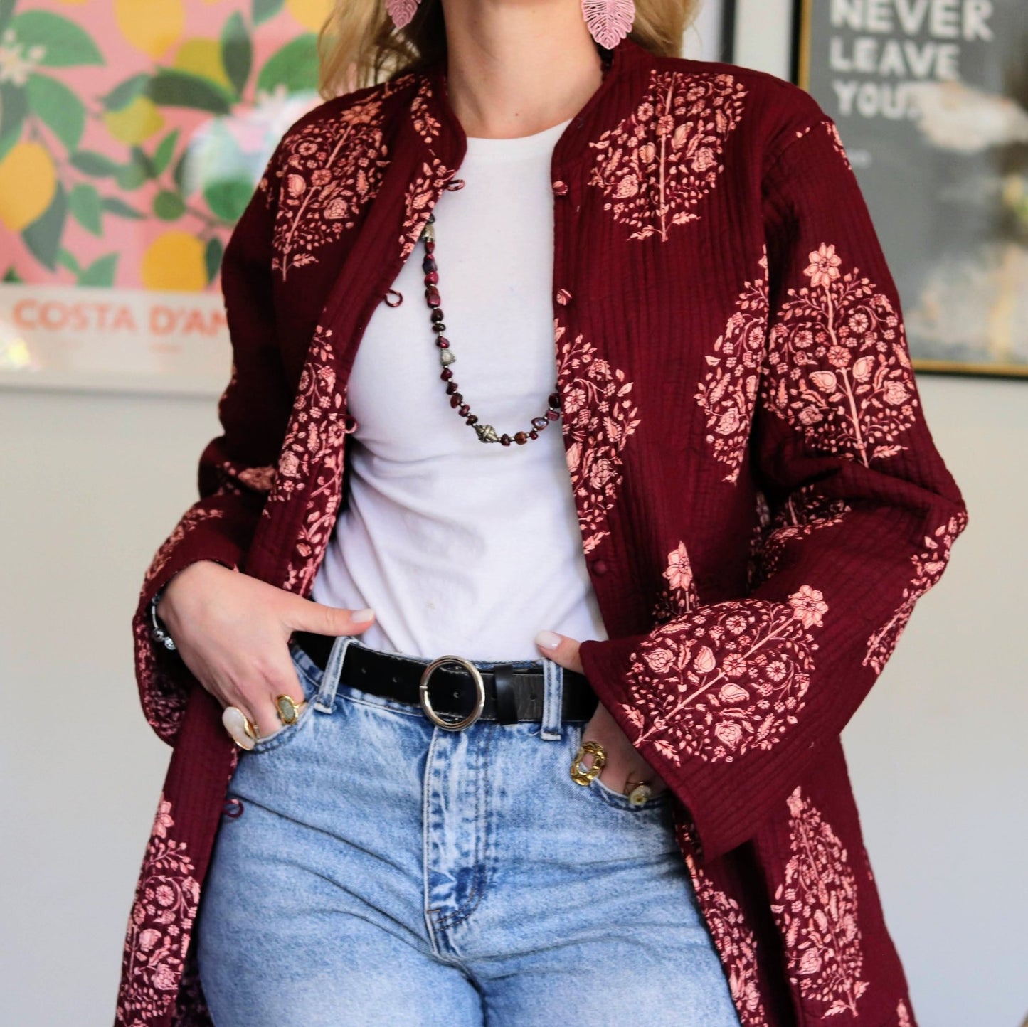 Reversible Quilted Cotton Coat In Pinotage Posy