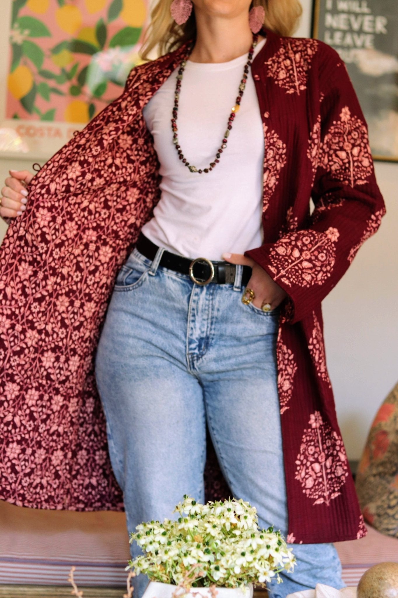 Reversible Quilted Cotton Coat In Pinotage Posy
