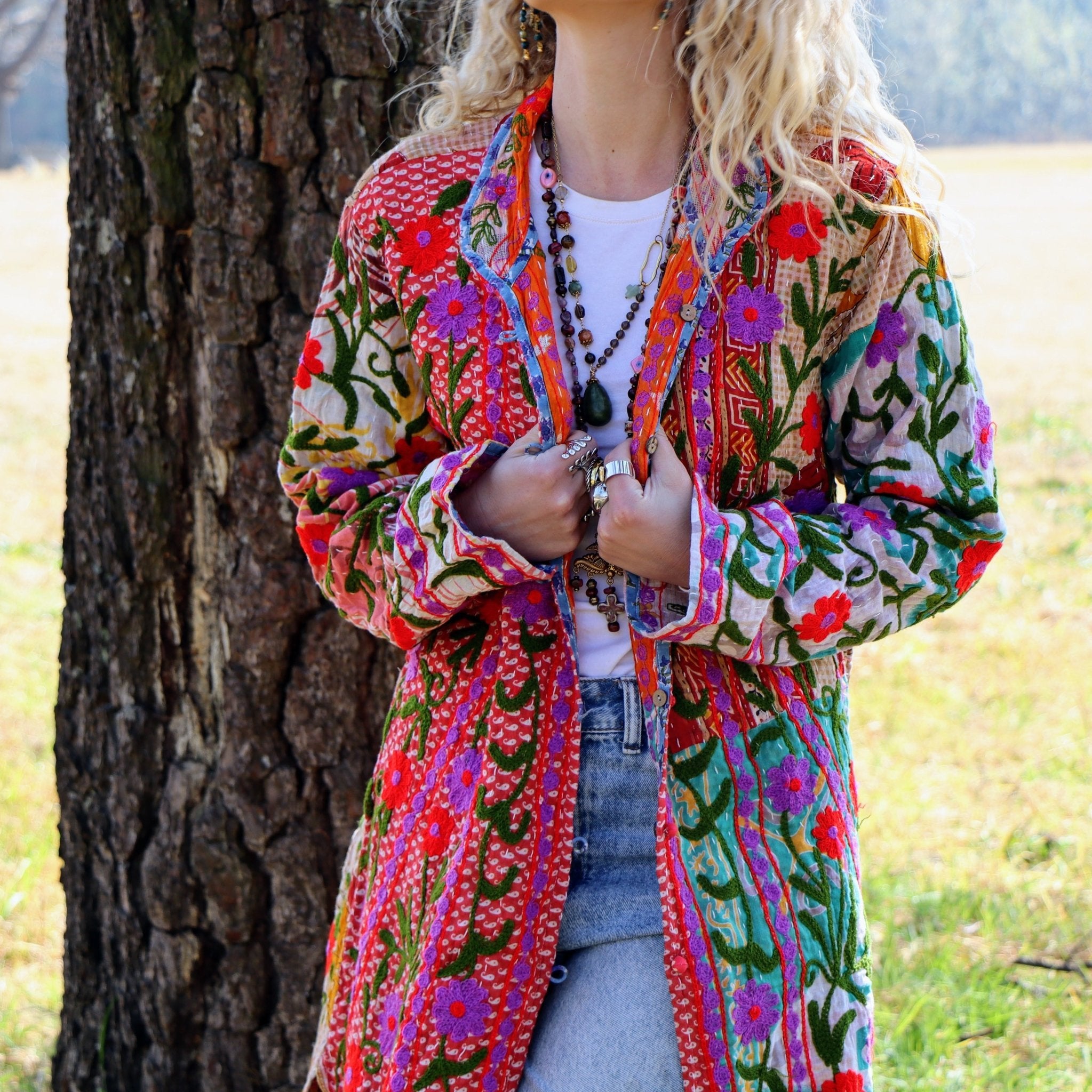 Embroidered Kantha Jacket In Pink & Purple Bloom- Handmade Jewellery - i am boho