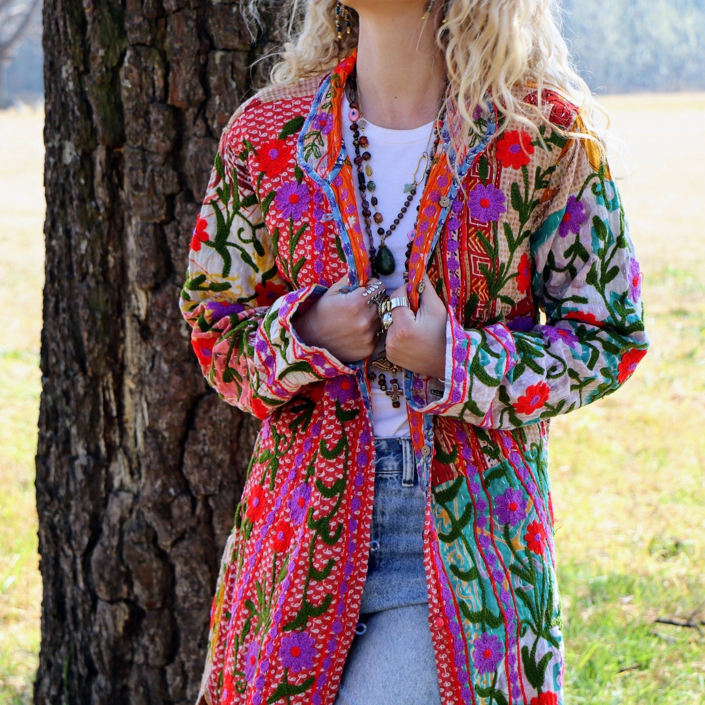 Embroidered Kantha Jacket In Pink & Purple Bloom- Handmade Jewellery - i am boho