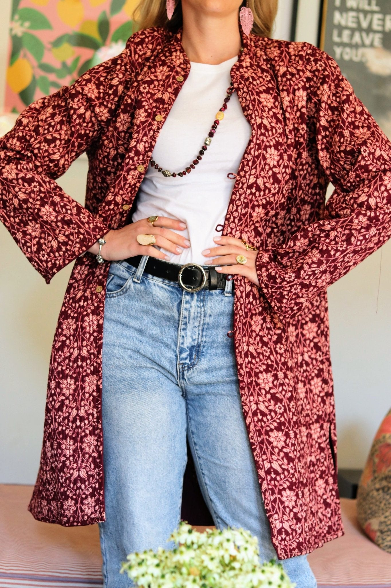 Reversible Quilted Cotton Coat In Pinotage Posy