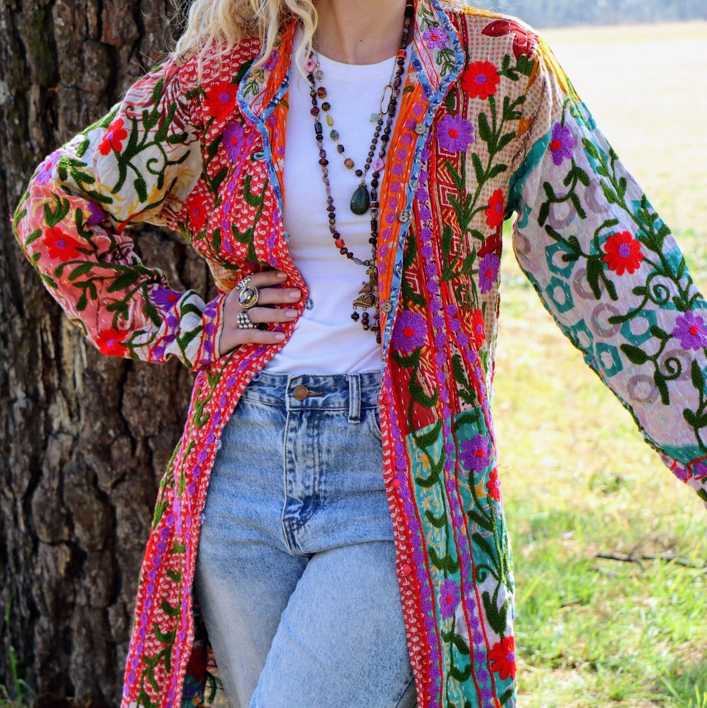 Embroidered Kantha Jacket In Pink & Purple Bloom- Handmade Jewellery - i am boho